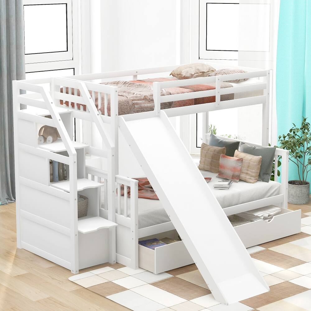 Back. Loheer - Loheer Twin Over Full Bunk Bed with Slide Drawers White - White.
