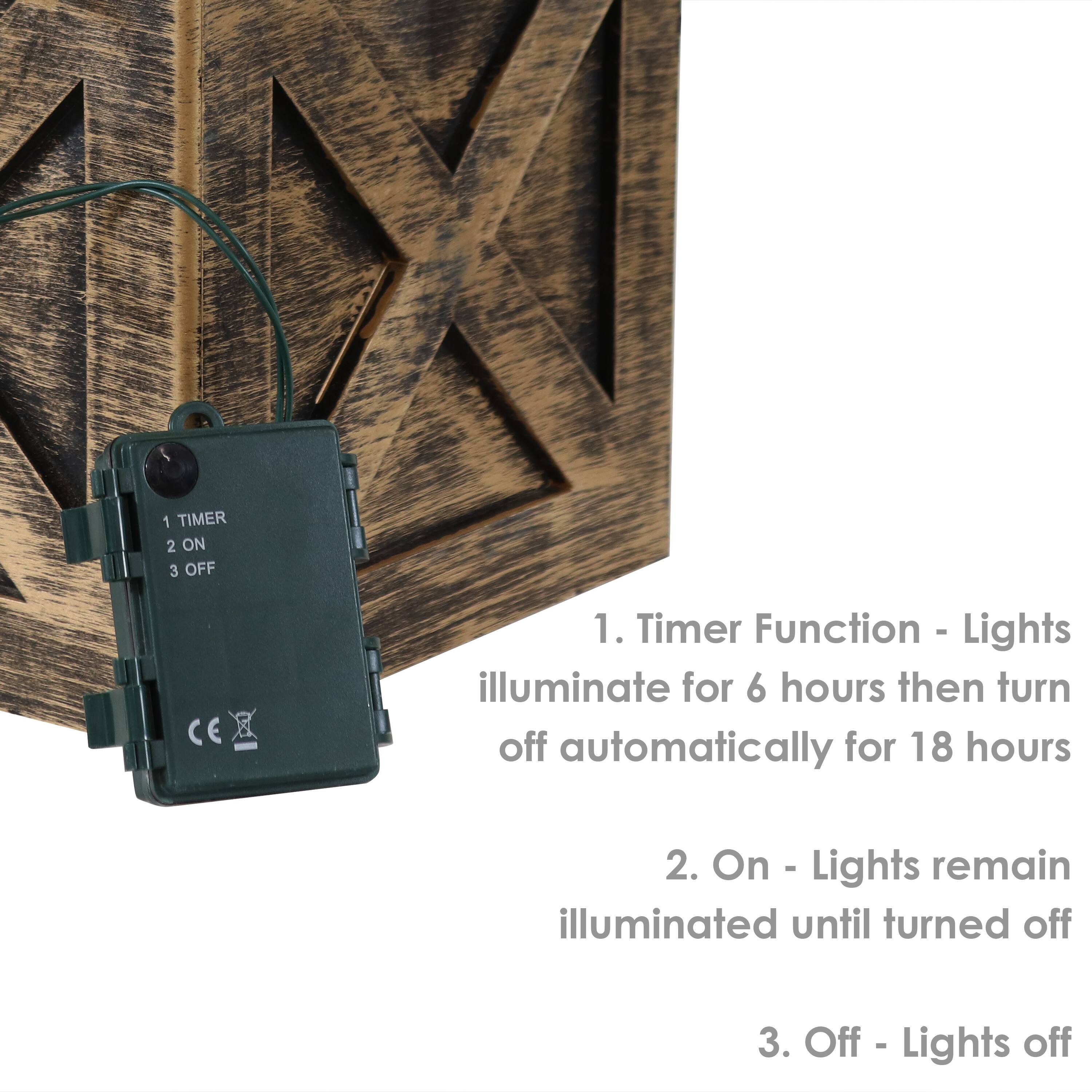 1. Timer Function - Lights illuminate for 6 hours then turn off automatically for 18 hours  
2. On - Lights remain illuminated until turned off  
3. Off - Lights off