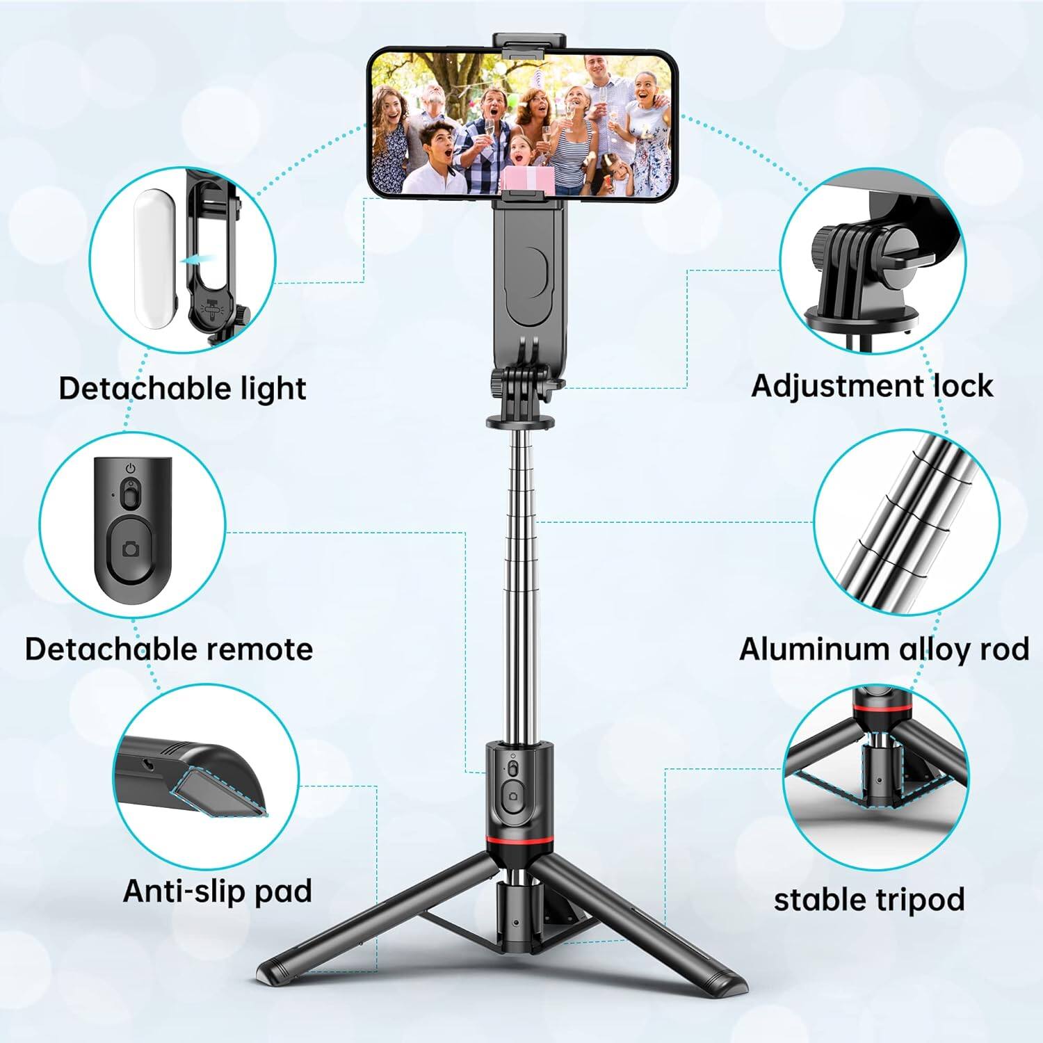 - Detachable light
- Detachable remote
- Adjustment lock
- Aluminum alloy rod
- Anti-slip pad
- Stable tripod