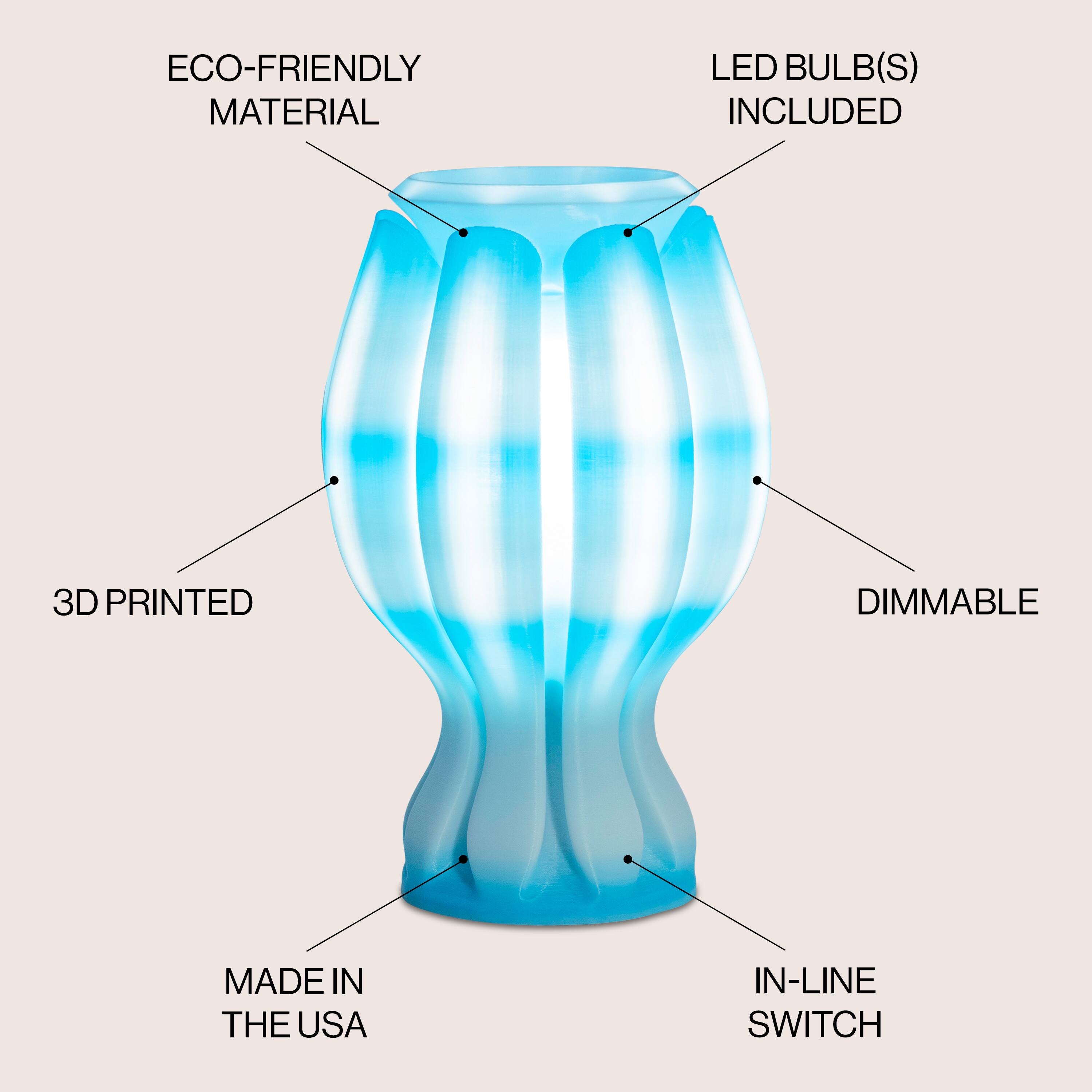 ECO-FRIENDLY MATERIAL  
LED BULB(S) INCLUDED  
3D PRINTED  
DIMMABLE  
MADE IN THE USA  
IN-LINE SWITCH