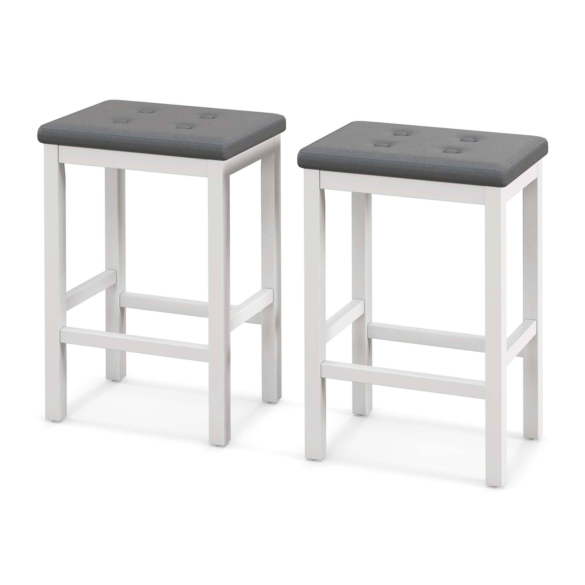 Costway - Set of 2 Rubber Wood Bar Stools 24" Counter Height Stool with Padded Seat, Footrest - Gray & White