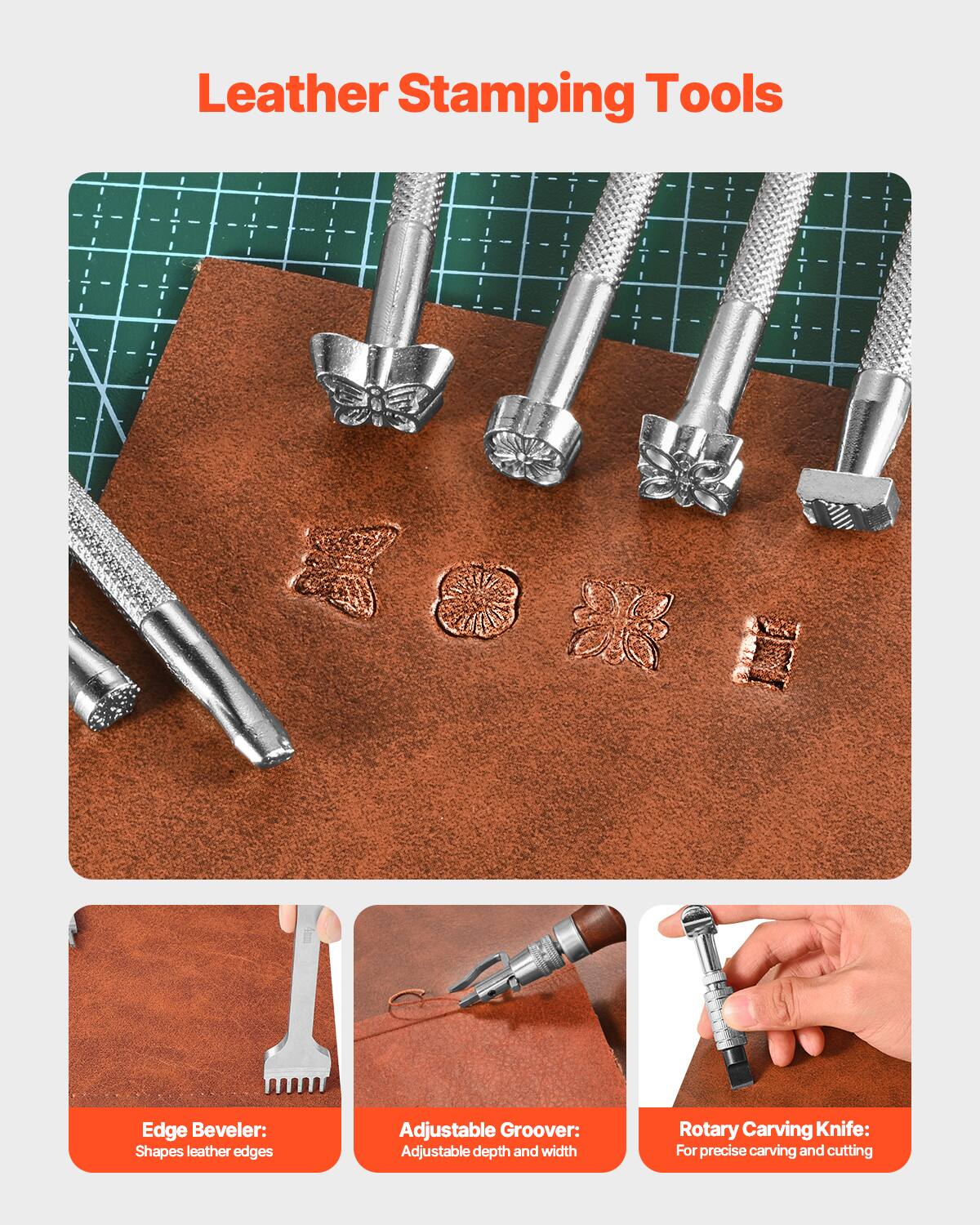Leather Stamping Tools

Edge Beveler: Shapes leather edges

Adjustable Groover: Adjustable depth and width

Rotary Carving Knife: For precise carving and cutting