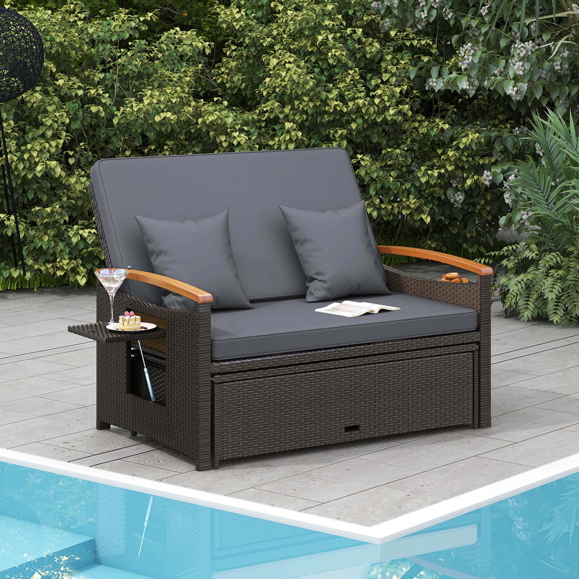 Alt View 4. Costway - Patio Rattan Daybed Set with Cushioned Loveseat & Storage Ottoman for Porch - Gray.