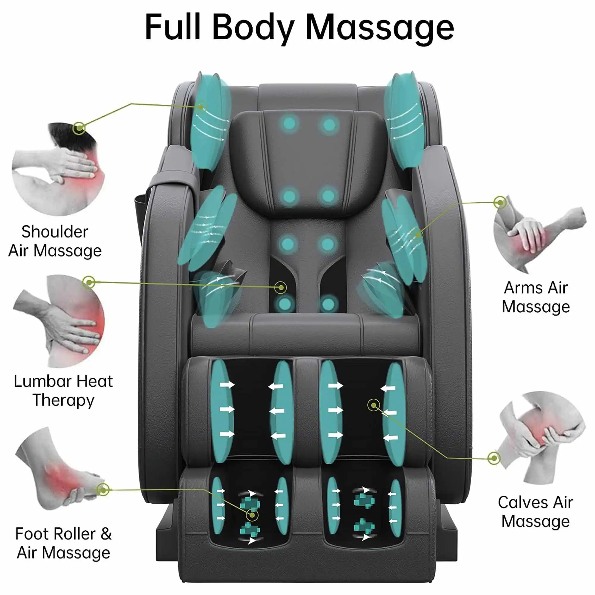 Full Body Massage

- Shoulder Air Massage
- Arms Air Massage
- Lumbar Heat Therapy
- Foot Roller & Air Massage
- Calves Air Massage