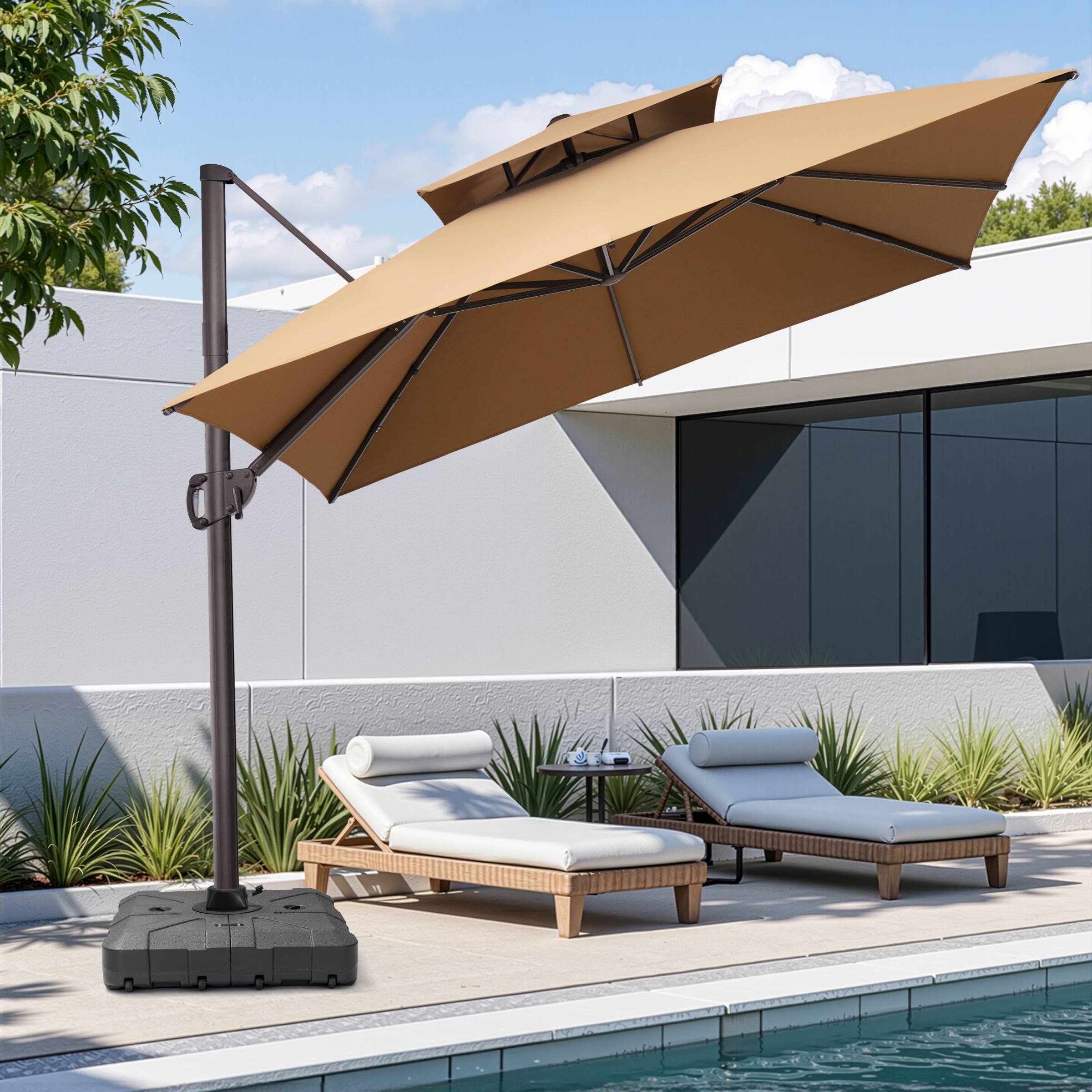 Alt View 1. Crestlive Products - Crestlive Products 11x11ft Aluminum Double Top Crank Cantilever Patio Umbrella with Base - Brown.