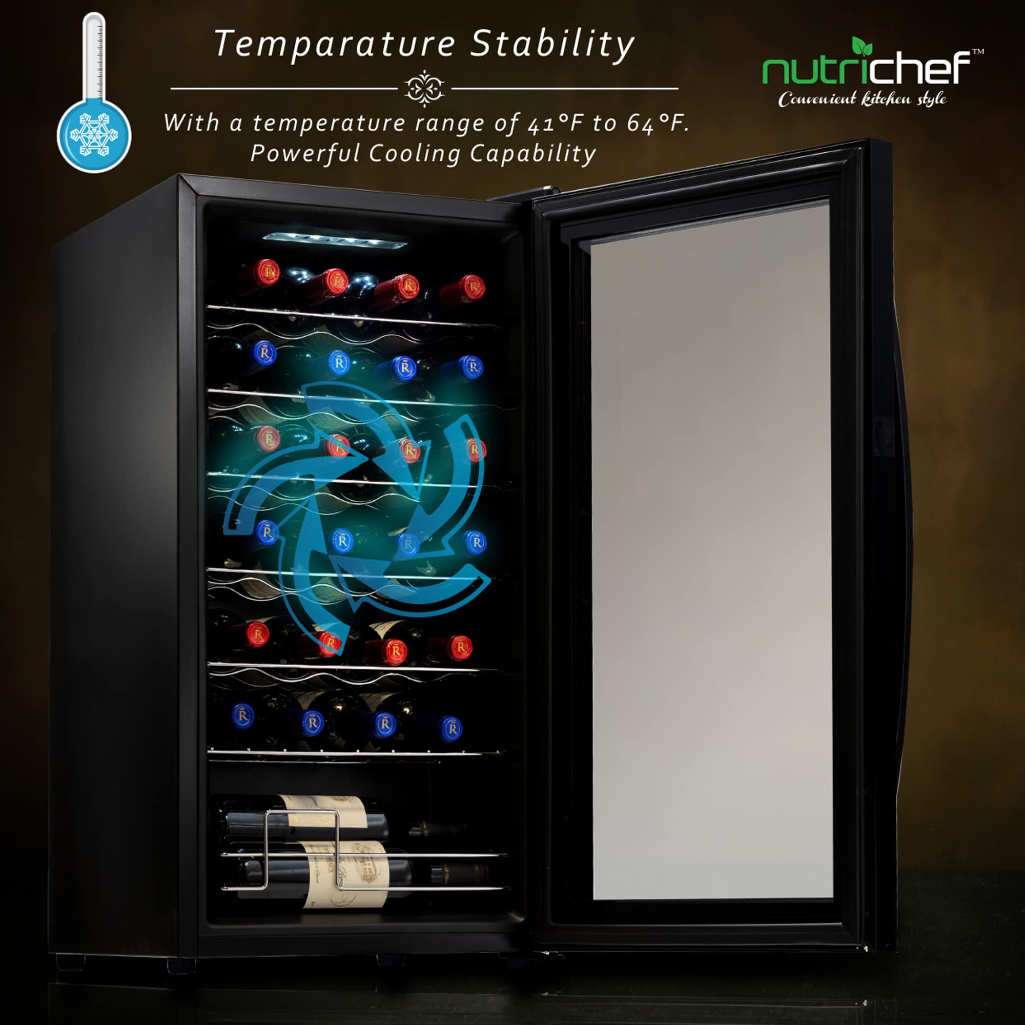 Temperature Stability  
With a temperature range of 41°F to 64°F.  
Powerful Cooling Capability  

nutrichef  
Convenient kitchen style