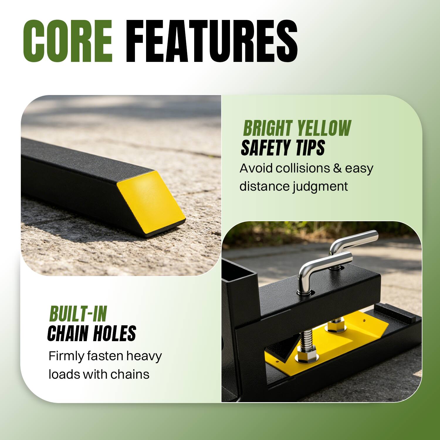CORE FEATURES

BRIGHT YELLOW SAFETY TIPS
Avoid collisions & easy distance judgment

BUILT-IN CHAIN HOLES
Firmly fasten heavy loads with chains