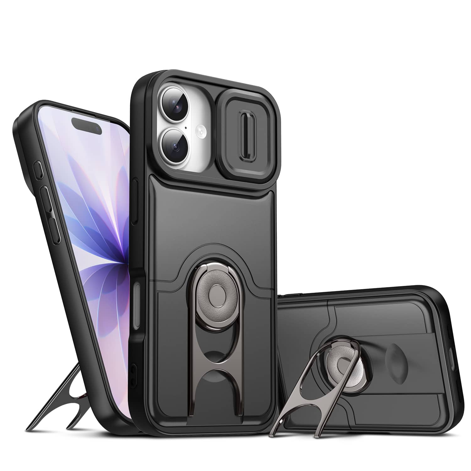 Dteck - Rugged Case for Apple iPhone 17 with Slide Camera Cover & Adjustable Kickstand,Soft TPU+Hard PC Dual-Layer Cover - Black