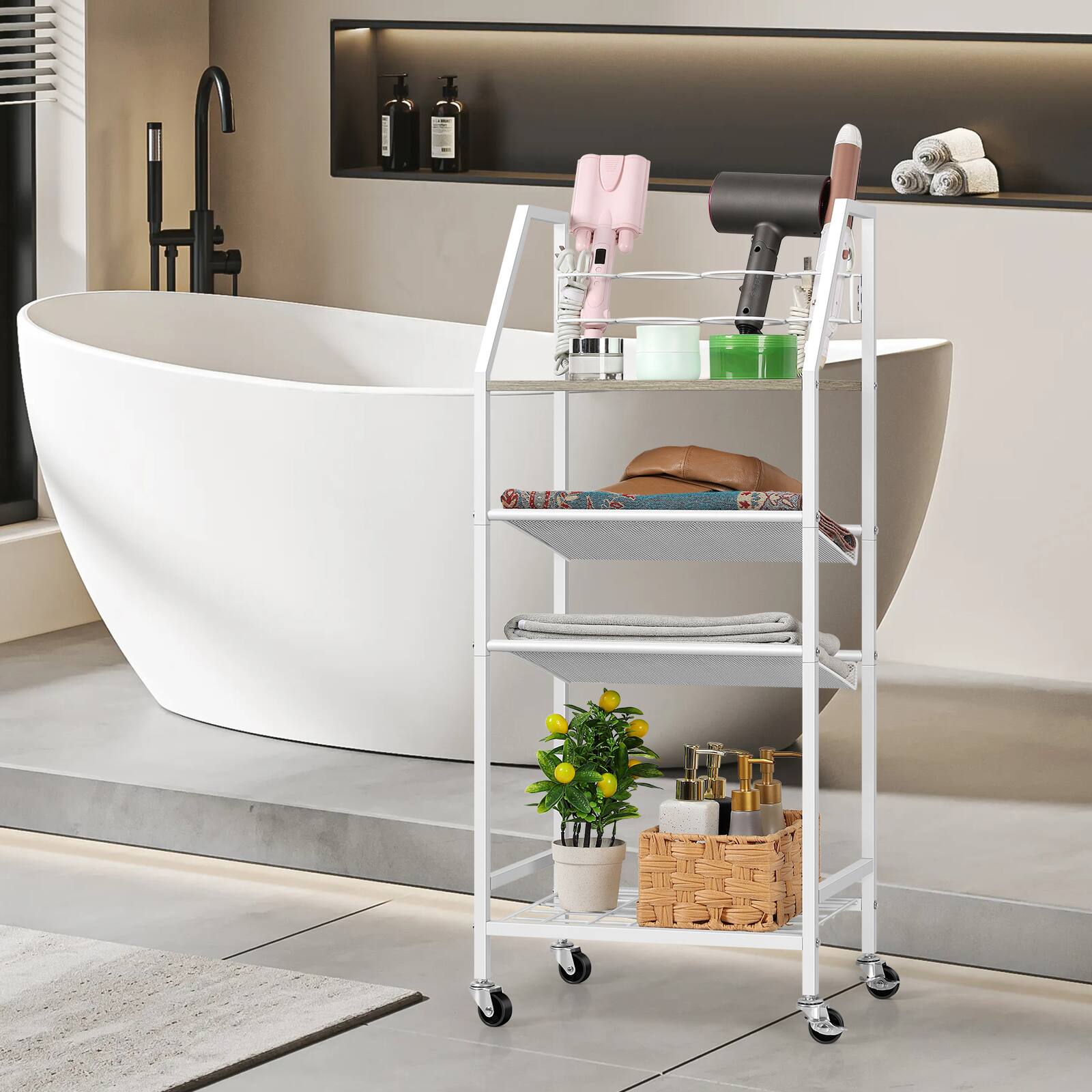 Angle. Oumilen - 4-Tier Rolling Hair Tool Storage Cart, Gray Wood Board Lockable Wheels for Salon Bathroom - White.
