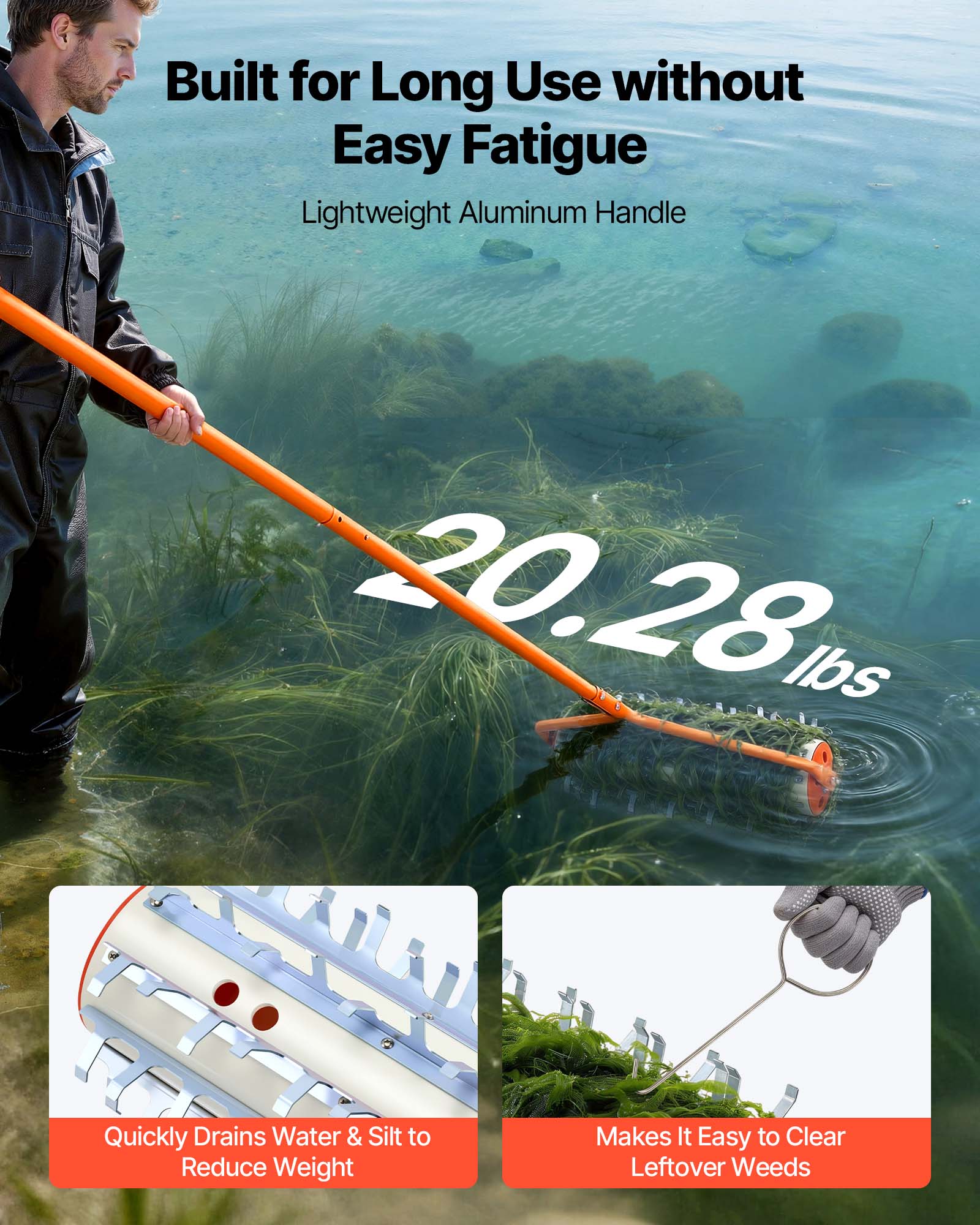 Built for Long Use without Easy Fatigue  
Lightweight Aluminum Handle  
20.28 lbs  
Quickly Drains Water & Silt to Reduce Weight  
Makes It Easy to Clear Leftover Weeds