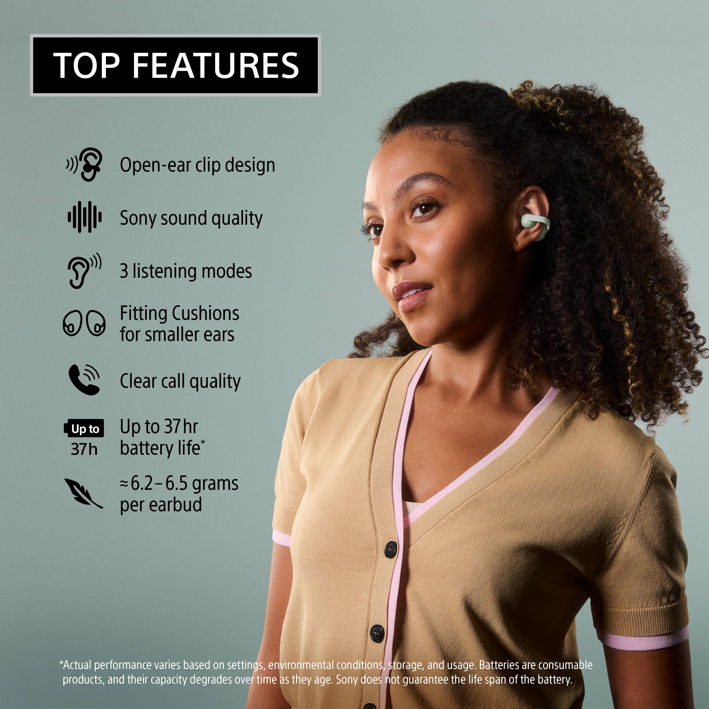TOP FEATURES

- Open-ear clip design
- Sony sound quality
- 3 listening modes
- Fitting Cushions for smaller ears
- Clear call quality
- Up to 37hr battery life*
- ≈6.2-6.5 grams per earbud

*Actual performance varies based on settings, environmental conditions, storage, and usage. Batteries are consumable products, and their capacity degrades over time as they age. Sony does not guarantee the life span of the battery.
