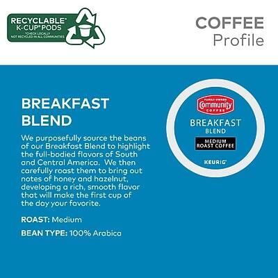 **RECYCLABLE K-CUP PODS**  
NOT RECYCLED IN ALL COMMUNITIES

**COFFEE Profile**

**BREAKFAST BLEND**

We purposefully source the beans of our Breakfast Blend to highlight the full-bodied flavors of South and Central America. We then carefully roast them to bring out notes of honey and hazelnut, developing a rich, smooth flavor that will make the first cup of the day your favorite.

**ROAST:** Medium

**BEAN TYPE:** 100% Arabica

**Community BREAKFAST BLEND**  
**MEDIUM ROAST COFFEE**  
**KEURIG**