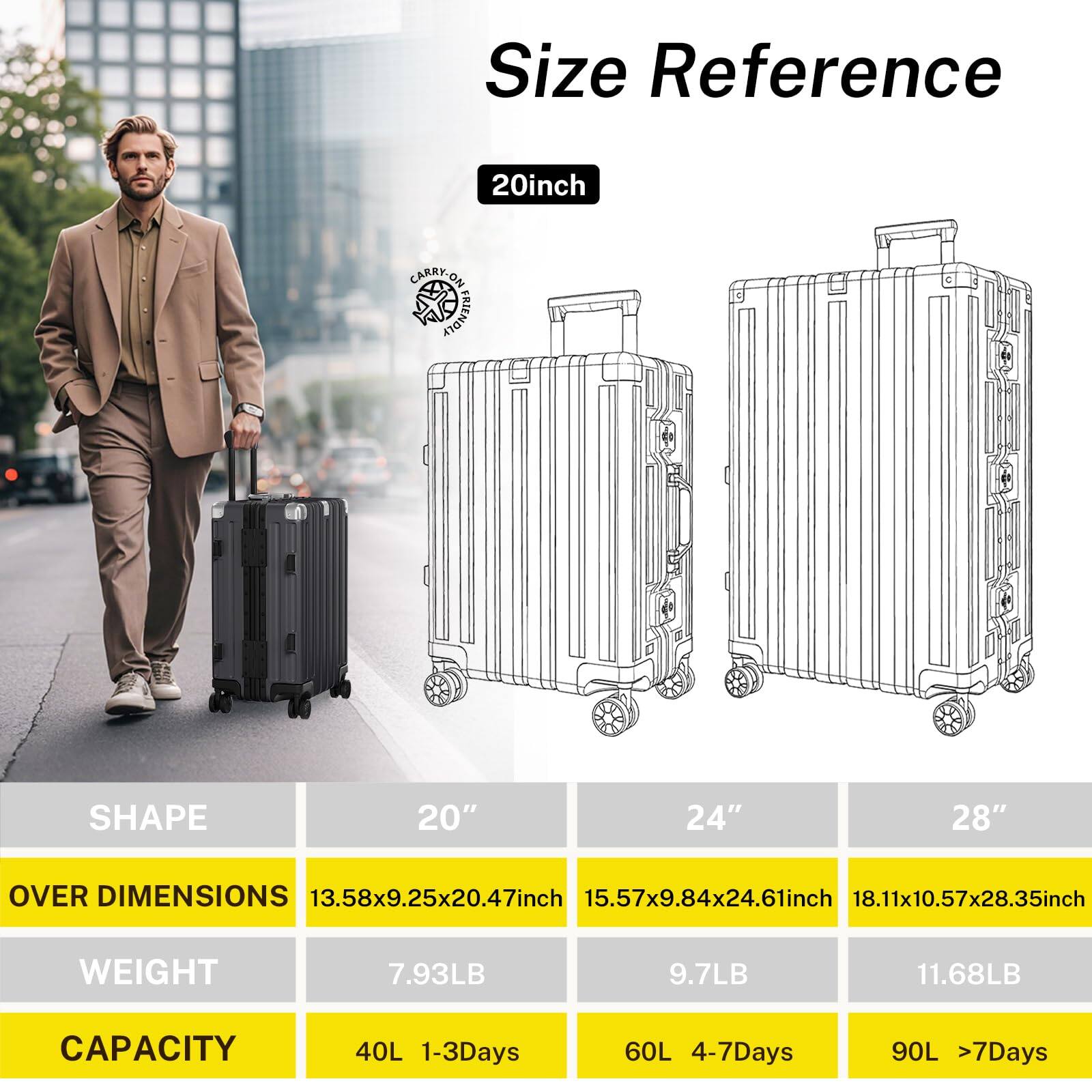 Size Reference

20inch CARRY-ON FRIENDLY

SHAPE

20" 24" 28"

OVER DIMENSIONS

13.58x9.25x20.47inch 15.57x9.84x24.61inch 18.11x10.57x28.35inch

WEIGHT

7.93LB 9.7LB 11.68LB

CAPACITY

40L 1-3Days 60L 4-7Days 90L >7Days