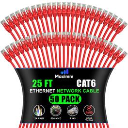 Maximm - Cat 6 Ethernet Cable 25 ft (50-Pack) - UTP, 10Gbps, 550MHz