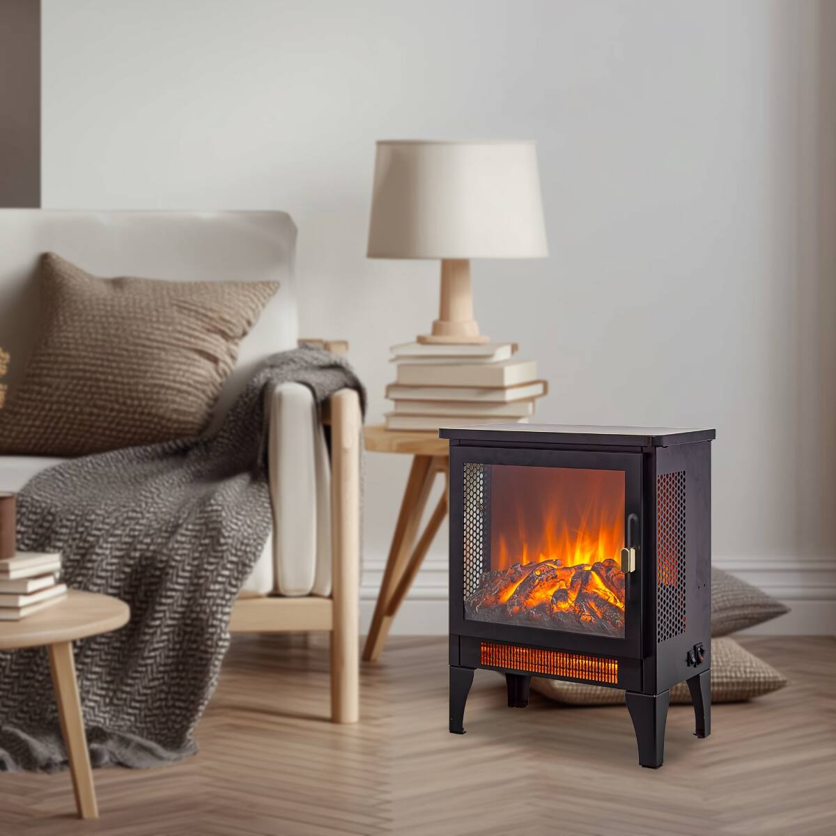 Alt View 9. Loheer - Loheer 18 inch freestanding electric fireplace with realistic 3D flame effect, Antique Black - Antique Black.