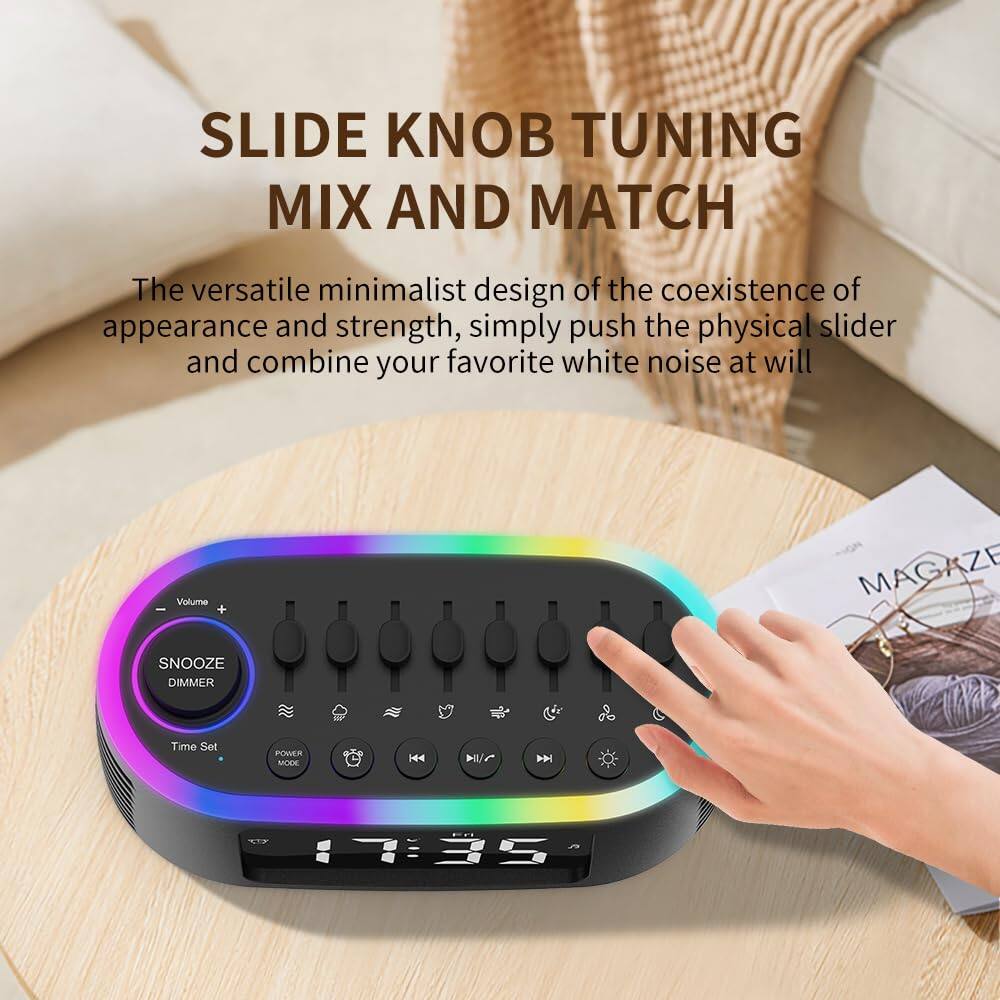 SLIDE KNOB TUNING MIX AND MATCH

The versatile minimalist design of the coexistence of appearance and strength, simply push the physical slider and combine your favorite white noise at will

- Volume
- SNOOZE DIMMER
- Time Set
- POWER
- MAGAZINE