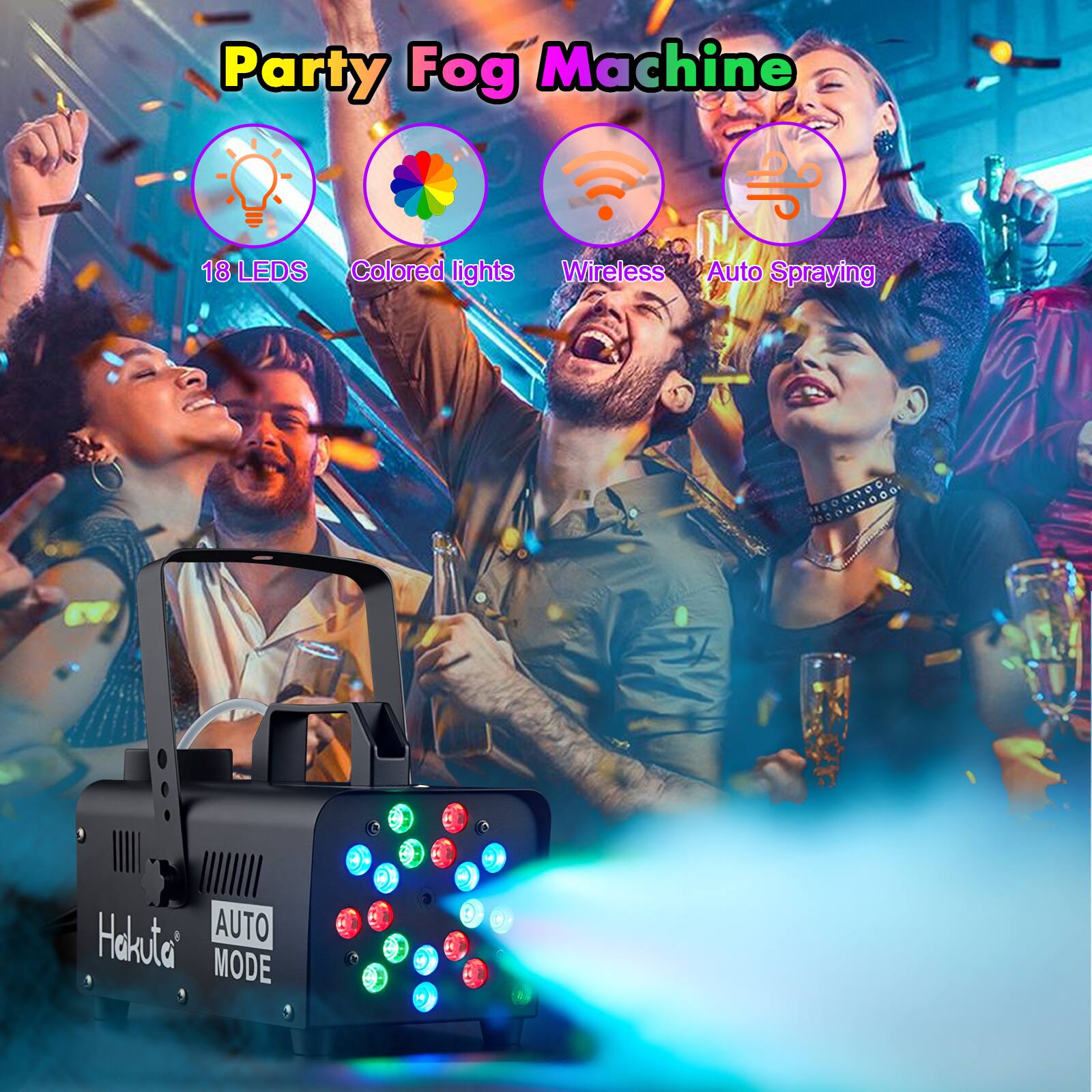 Party Fog Machine with 18 LED Colored Lights, Wireless, and Auto Spraying in Hakuto AUTO MODE.
