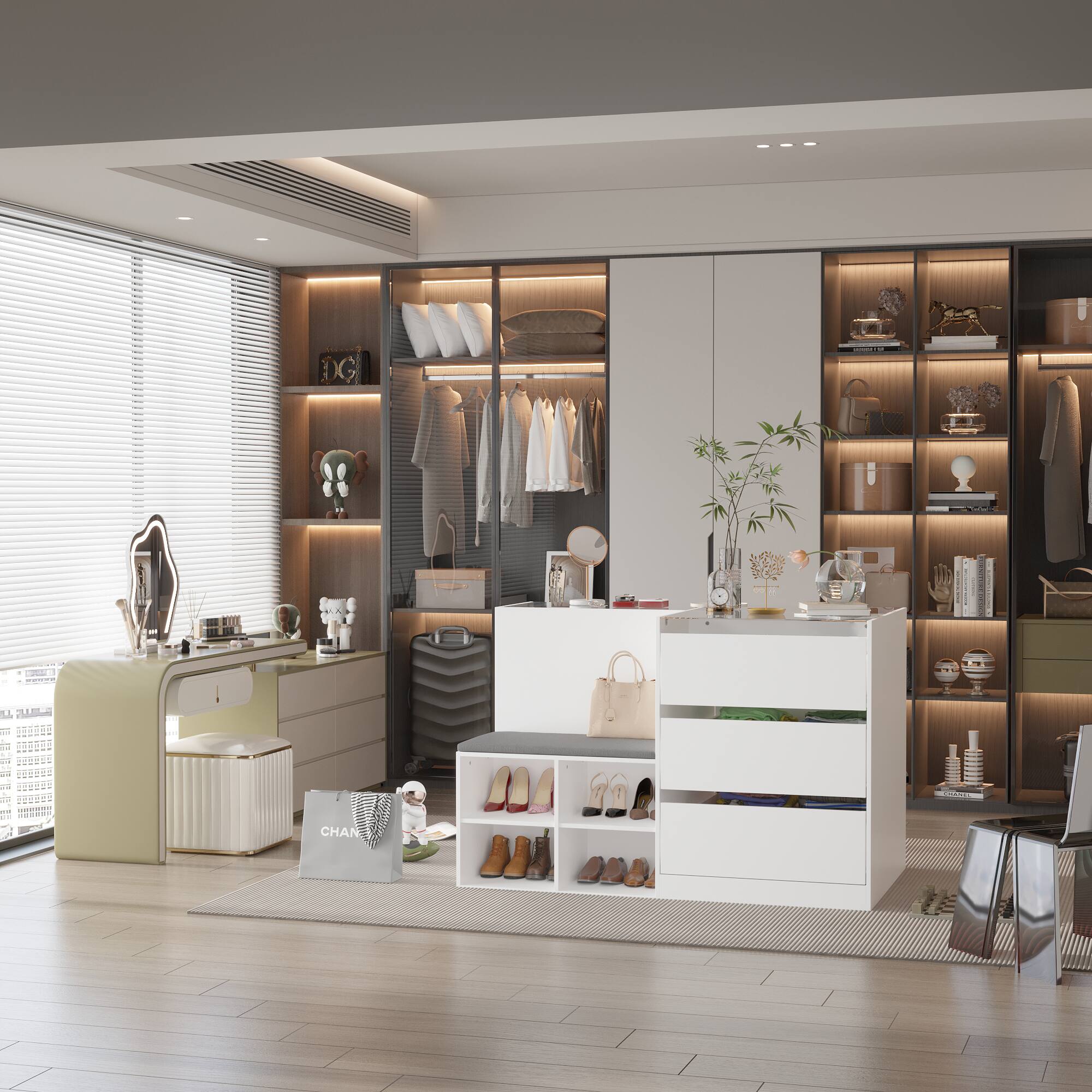 Alt View 8. FUFU & GAGA - Entryway Shoe Bench with Storage Drawers and Display Shelf Multifunctional Organizer for Living Room or Closet - White.