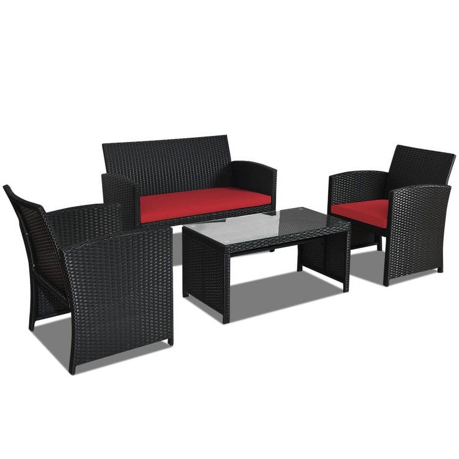 Back. Kadyn - 4 Pieces Patio Rattan Furniture Set Outdoor Patio Furniture Set with Weather Resistant Cushions and Tempered Glass - Red.