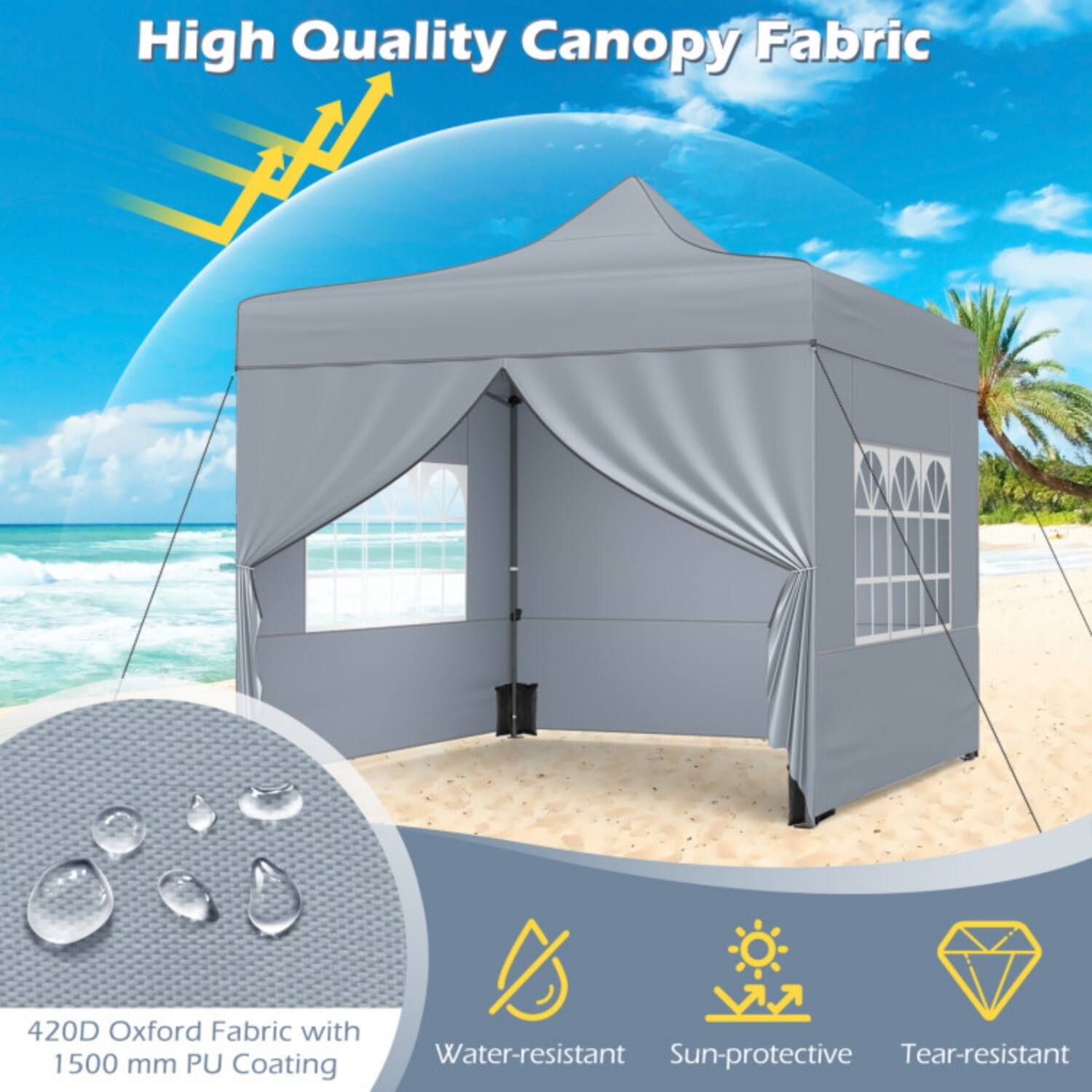 High Quality Canopy Fabric

420D Oxford Fabric with 1500 mm PU Coating

- Water-resistant
- Sun-protective
- Tear-resistant