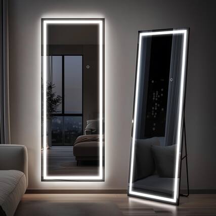 Front. Hirose Alice - Length Led Mirror With Lights Dimmable Standing wall For Bedroom Body Lighted Floor Tempered Glass.