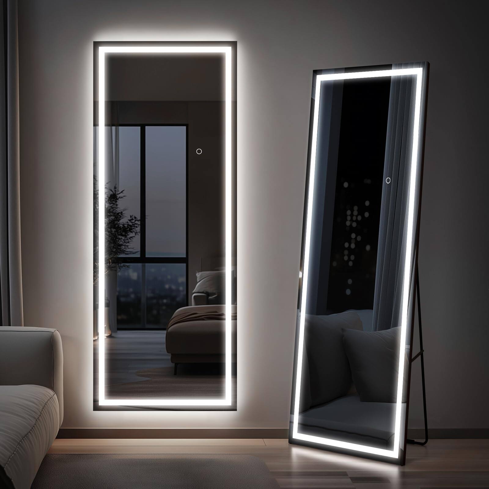 Front. Hirose Alice - Length Led Mirror With Lights Dimmable Standing wall For Bedroom Body Lighted Floor Tempered Glass.