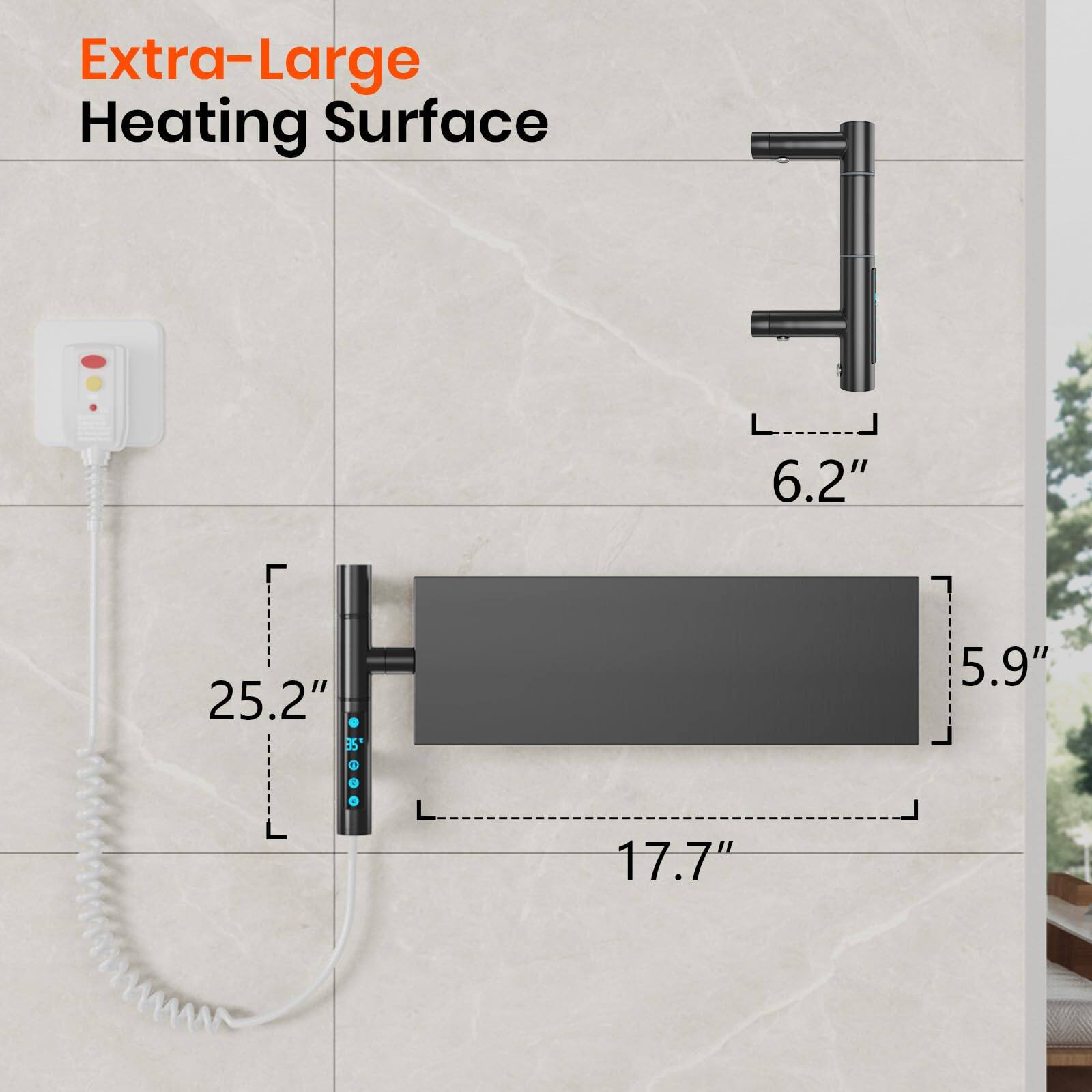 Extra-Large Heating Surface

- Width: 17.7"
- Height: 5.9"
- Depth: 6.2"
- Overall Dimensions: 25.2"