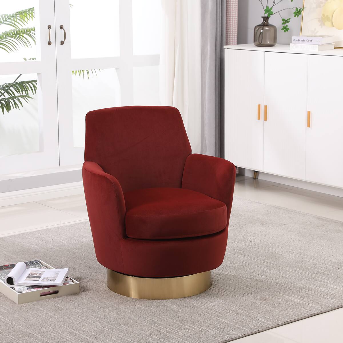 Alt View 2. Trinkets Crazed - Swivel Barrel Chair,Modern Comfy Velvet Upholstered Round Swivel Accent Chairst,360 Degree Single Sofa Chair Armchair - Red.