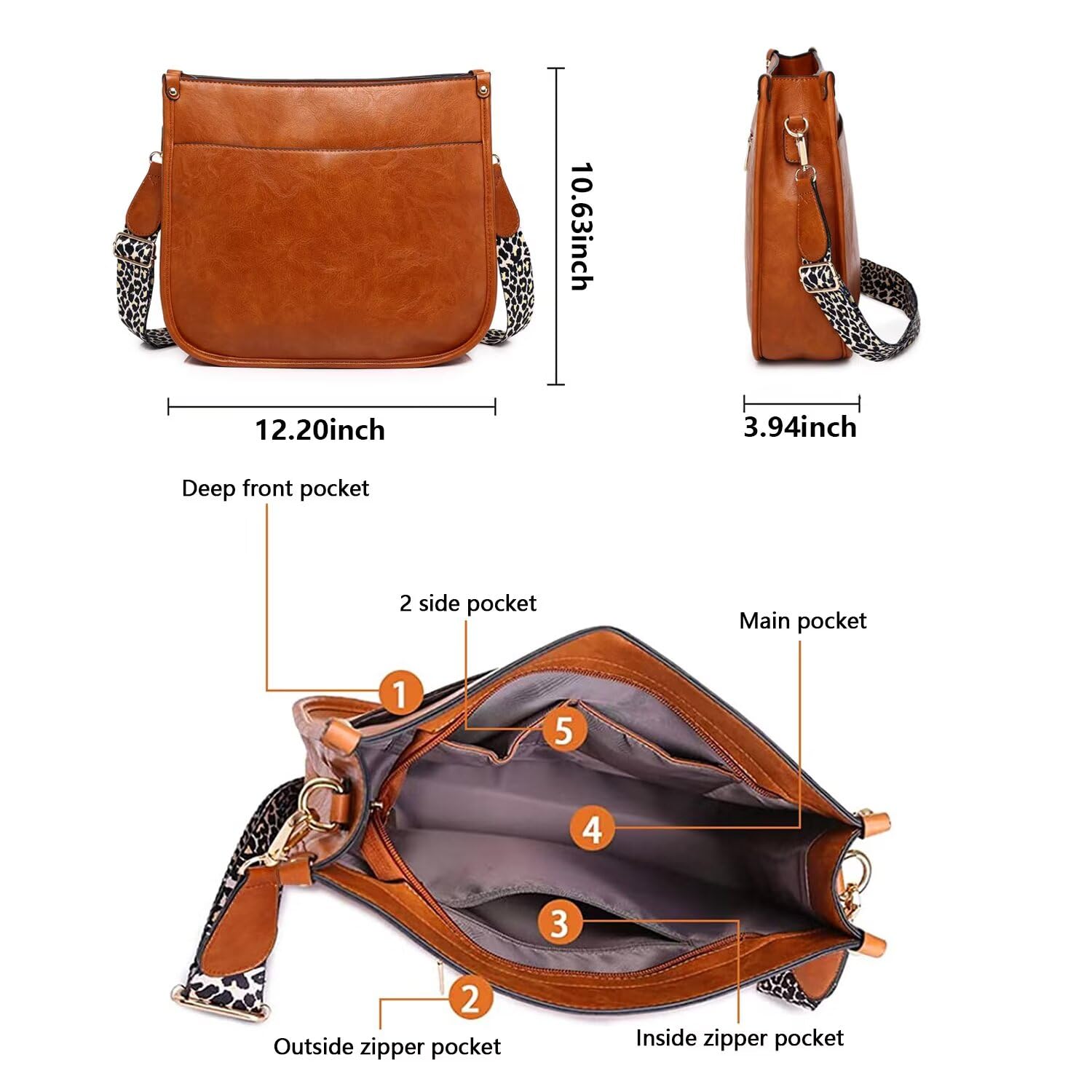 10.63 inch  
12.20 inch  
3.94 inch  

Deep front pocket  
2 side pocket  
Main pocket  
Outside zipper pocket  
Inside zipper pocket