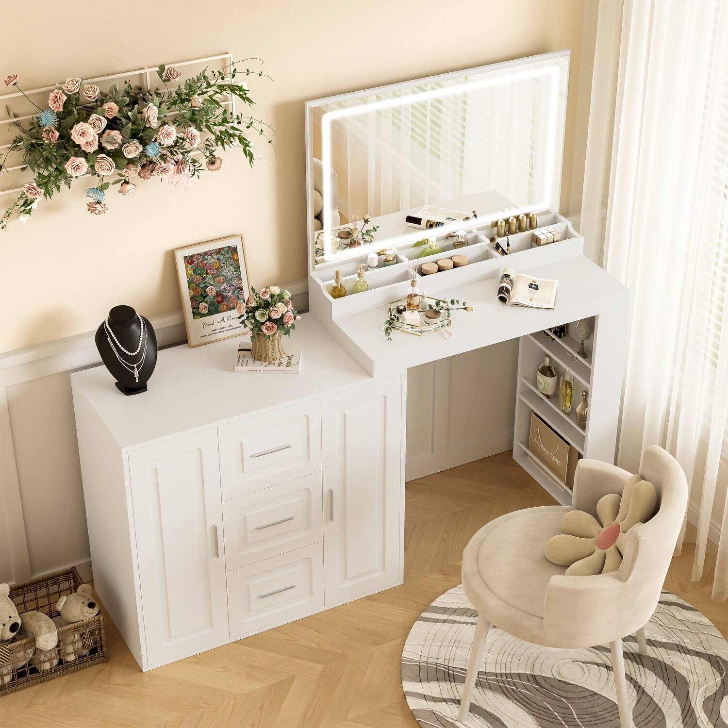 Front. Lirago - White Wood Dressing Table with Mirror Lights Dresser Vanity Desk with 3 Drawers 2 Cabinets 15.4”D x 59.1“ W x 54.2“ H - White.