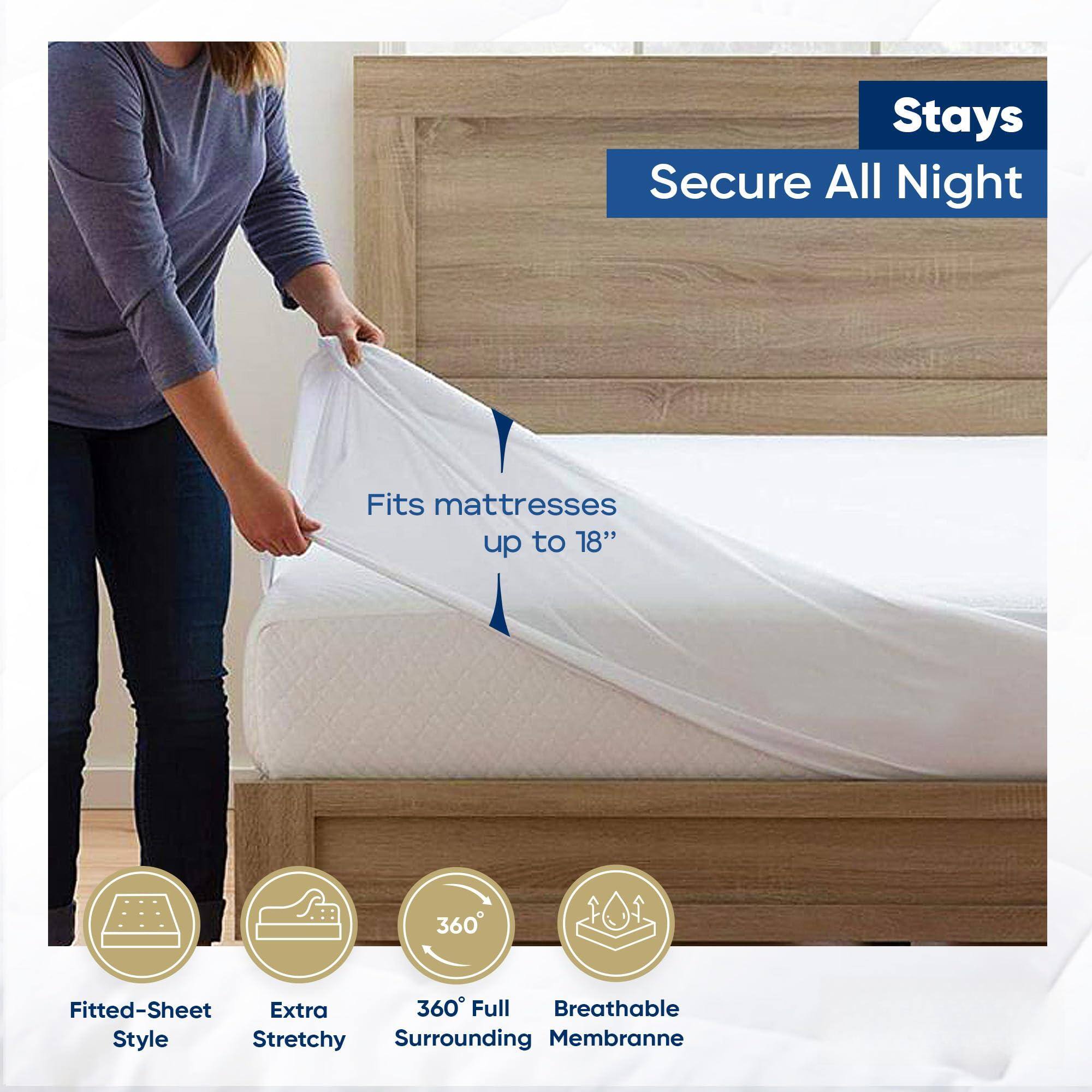 Stays Secure All Night

Fits mattresses up to 18"

- Fitted-Sheet Style
- Extra Stretchy
- 360° Full Surrounding
- Breathable Membrane
