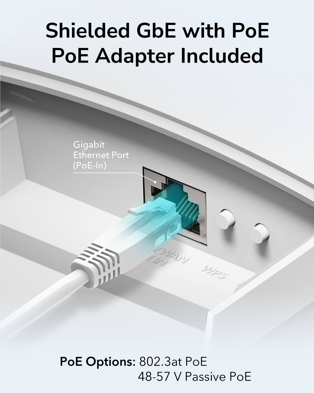 Shielded GbE with PoE  
PoE Adapter Included  

Gigabit Ethernet Port (PoE-In)  

PoE Options:  
802.3at PoE  
48-57 V Passive PoE
