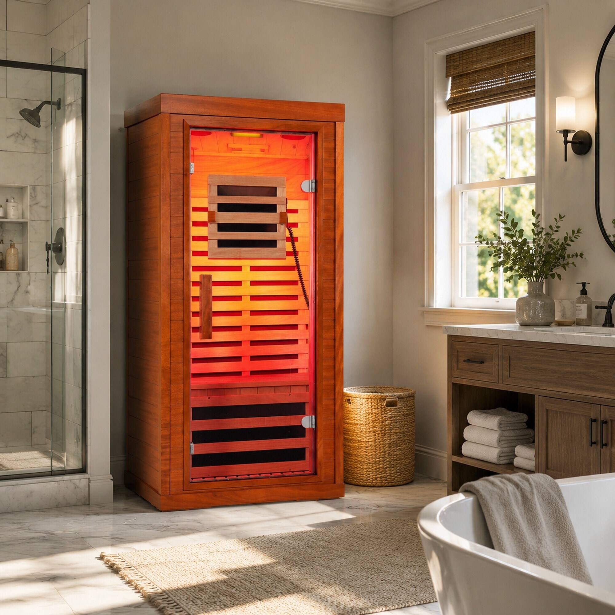 Back. RYHNUYNE - One Person Far Infrared Sauna, Okoume Wood, Tempered Glass Door, 31.5 x 31.5 x 63.3 in, Bluetooth Audio, Red Light - Natural.