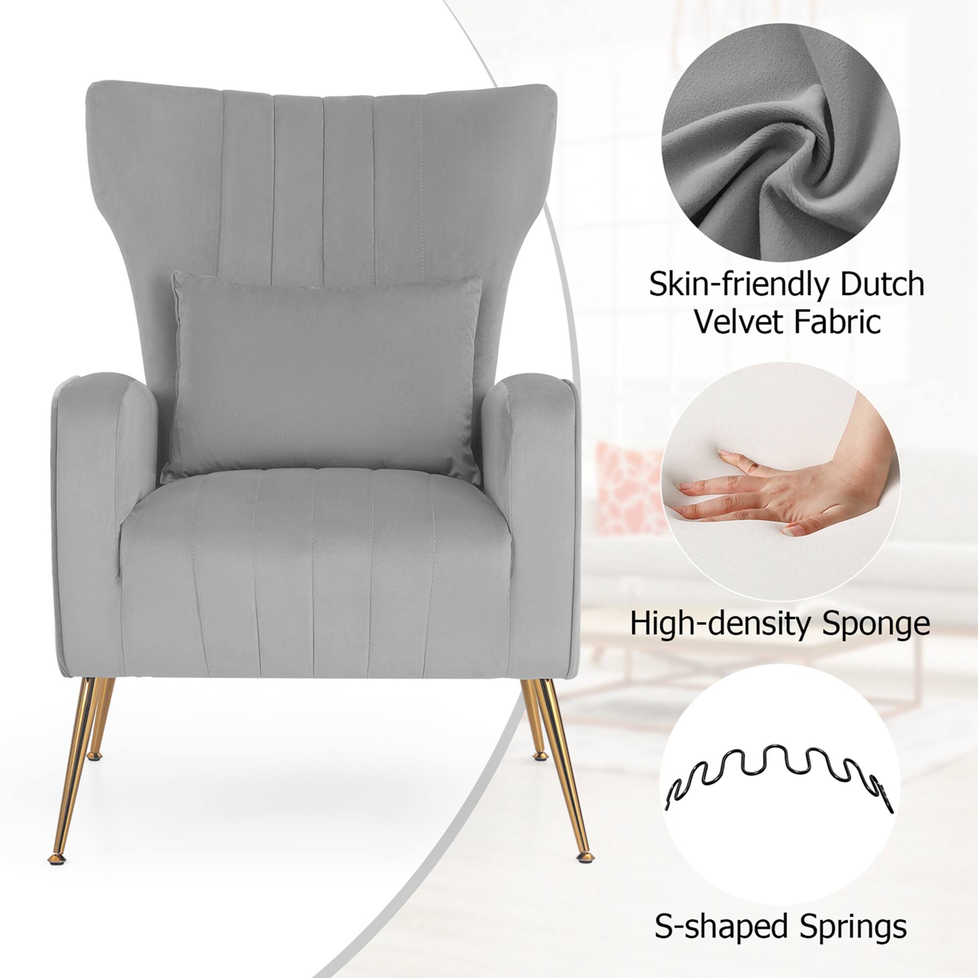 The text on the image is grouped as follows:

1. Skin-friendly Dutch Velvet Fabric
2. High-density Sponge
3. S-shaped Springs
