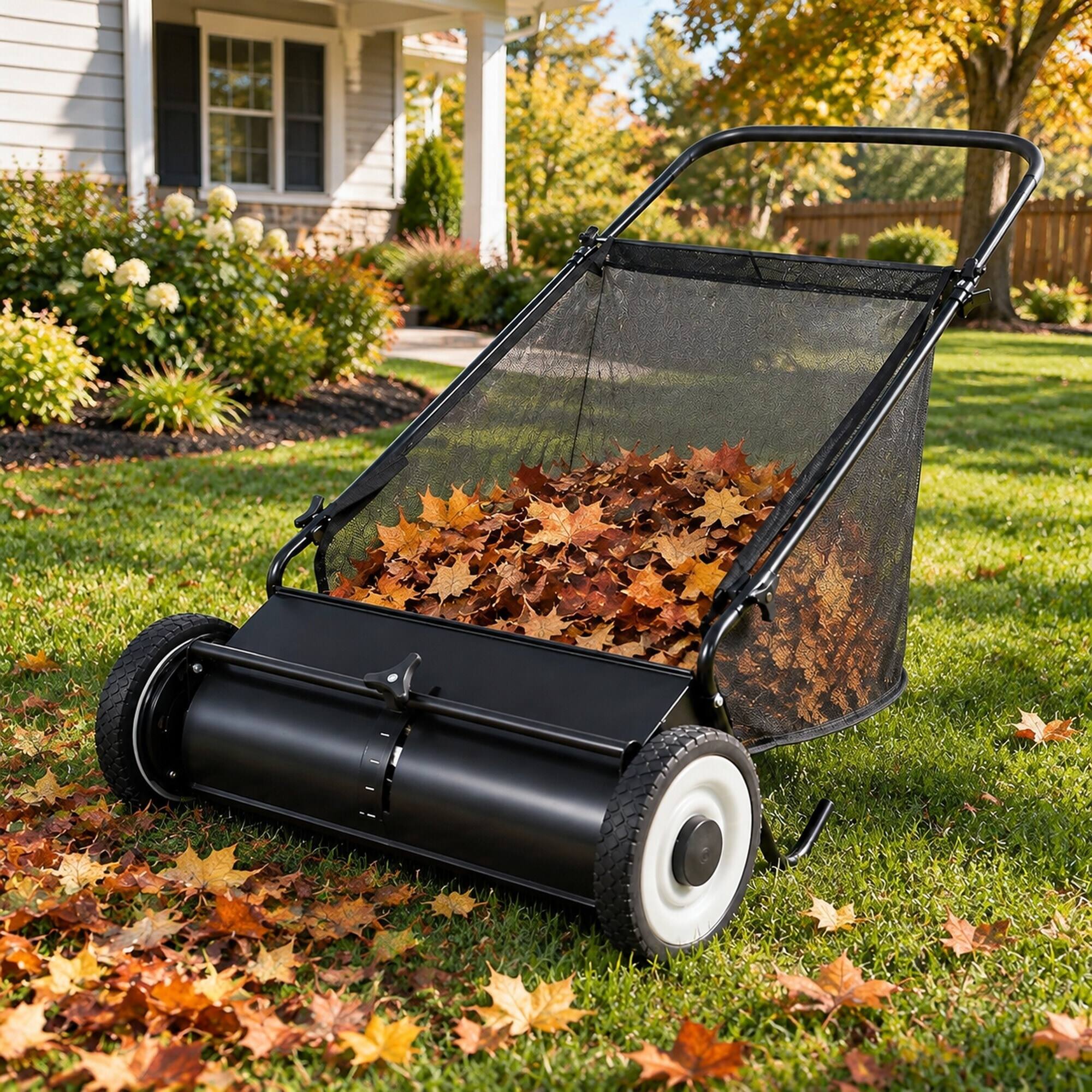 Back. RYHNUYNE - 26-Inch Push Lawn Sweeper, 7 Cu. Ft. - Black.