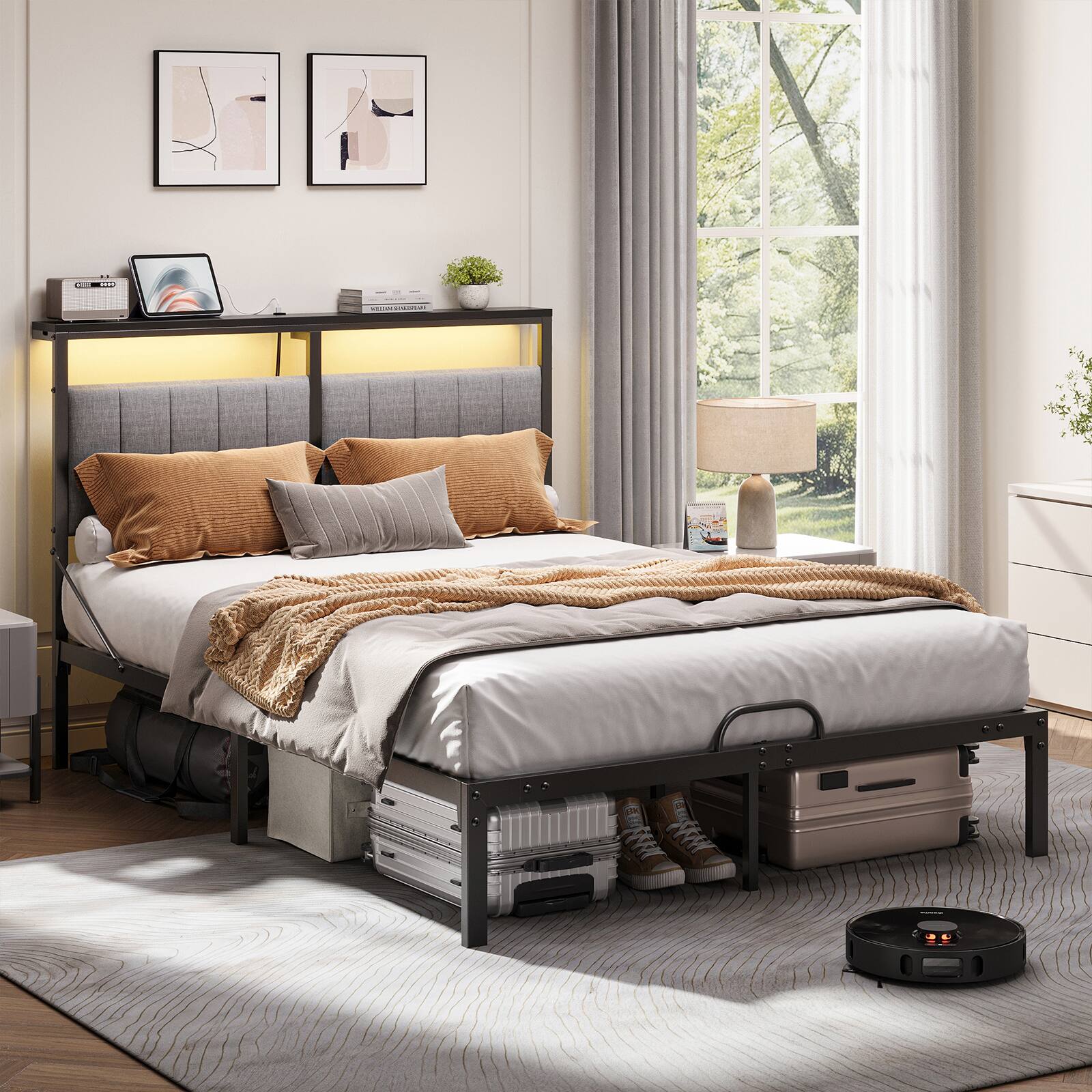 Back. Bestier - Full Size Bed Frame with Upholstered Headboard，Metal Platform with LED Lights, USB Charging Station & Storage Shelf - Grey Fabric.