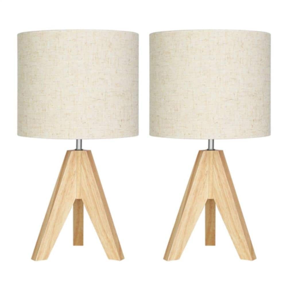 Hivvago - Set of 2 - Solid Wood Tripod Table Lamp with Beige Linen Drum Shade - Natural, Beige