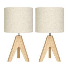 Hivvago - Set of 2 - Solid Wood Tripod Table Lamp with Beige Linen Drum Shade - Natural, Beige