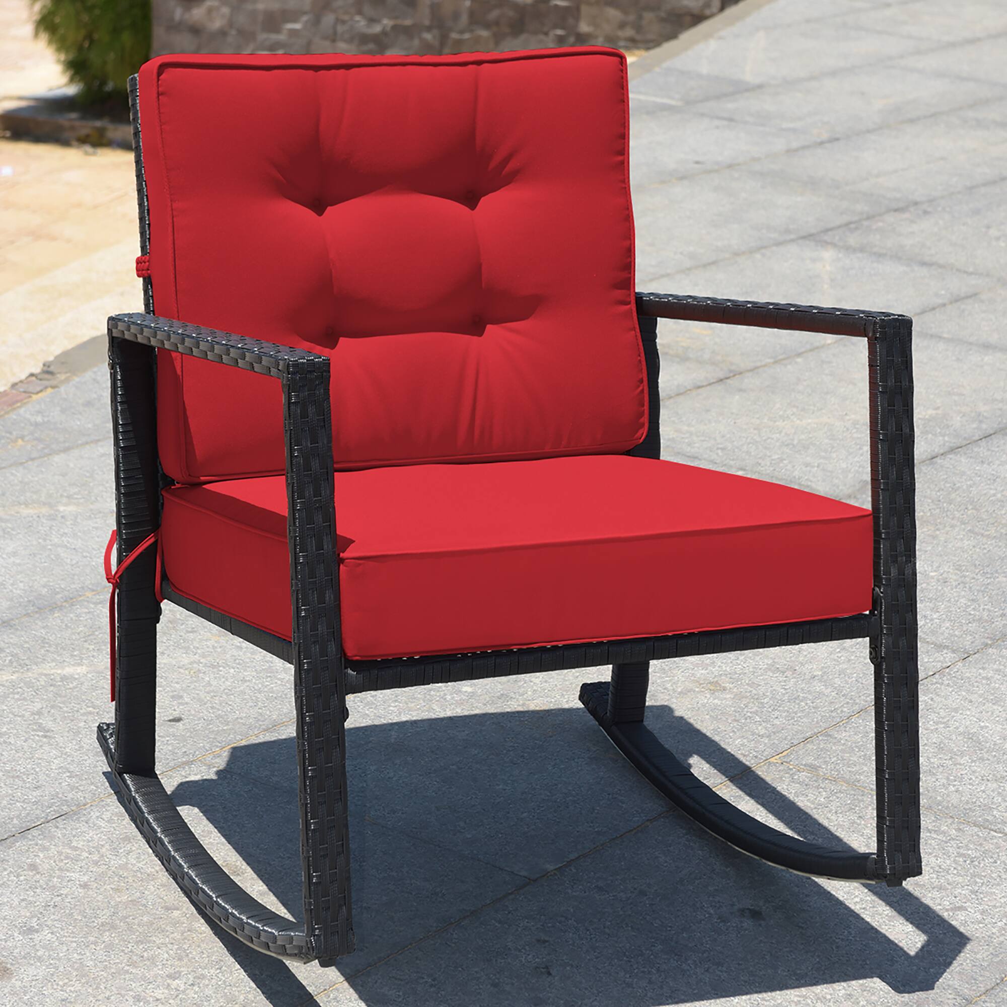 Alt View 1. Costway - Costway 2PCS Patio Rattan Rocker Chair Outdoor Glider Wicker Rocking Chair Cushion - Red.