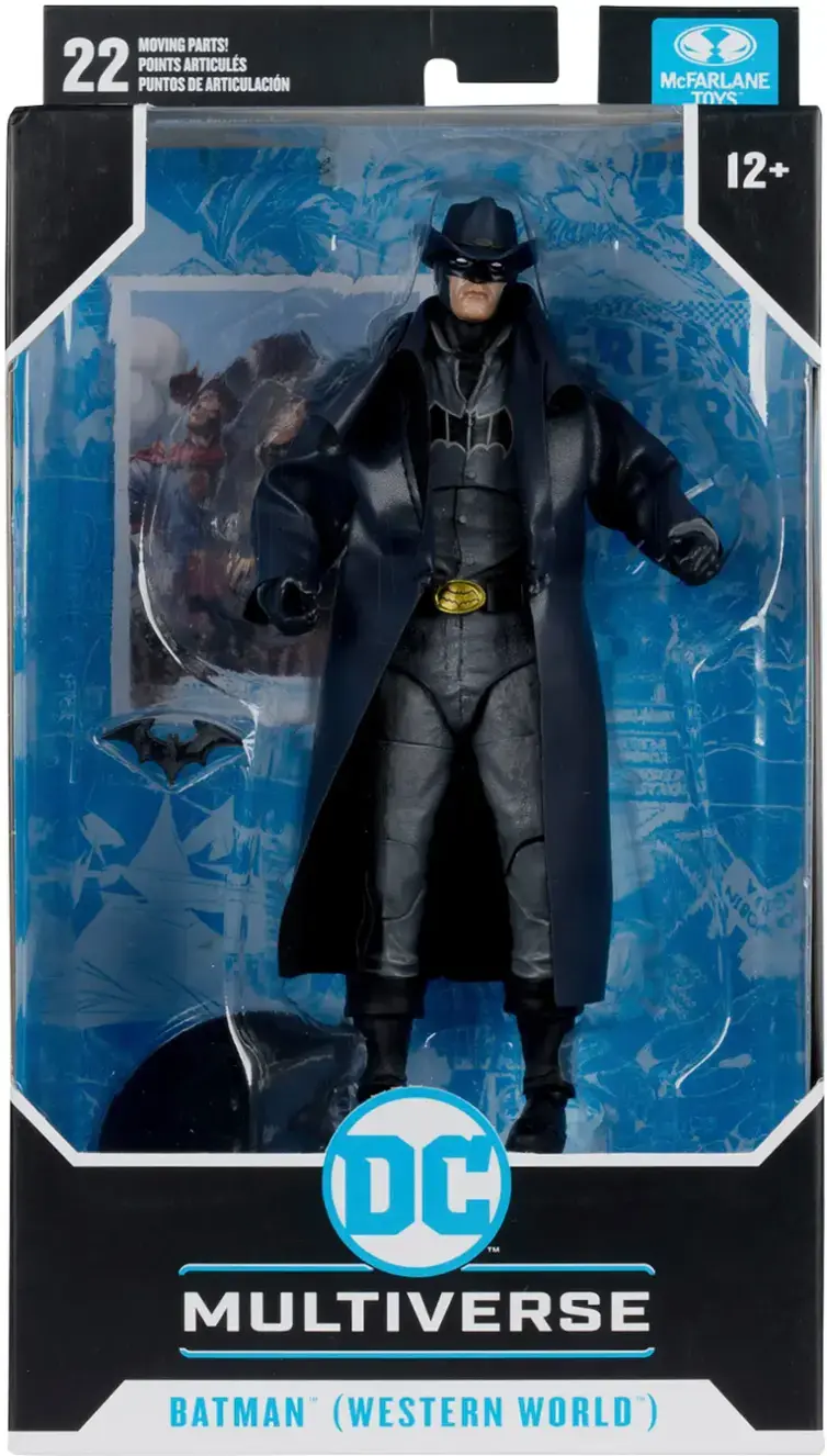 The text on the image reads: "Moving parts! 22 points articulated McFarlane Toys 12+ years old DC TM Multiverse Batman (Western World)".