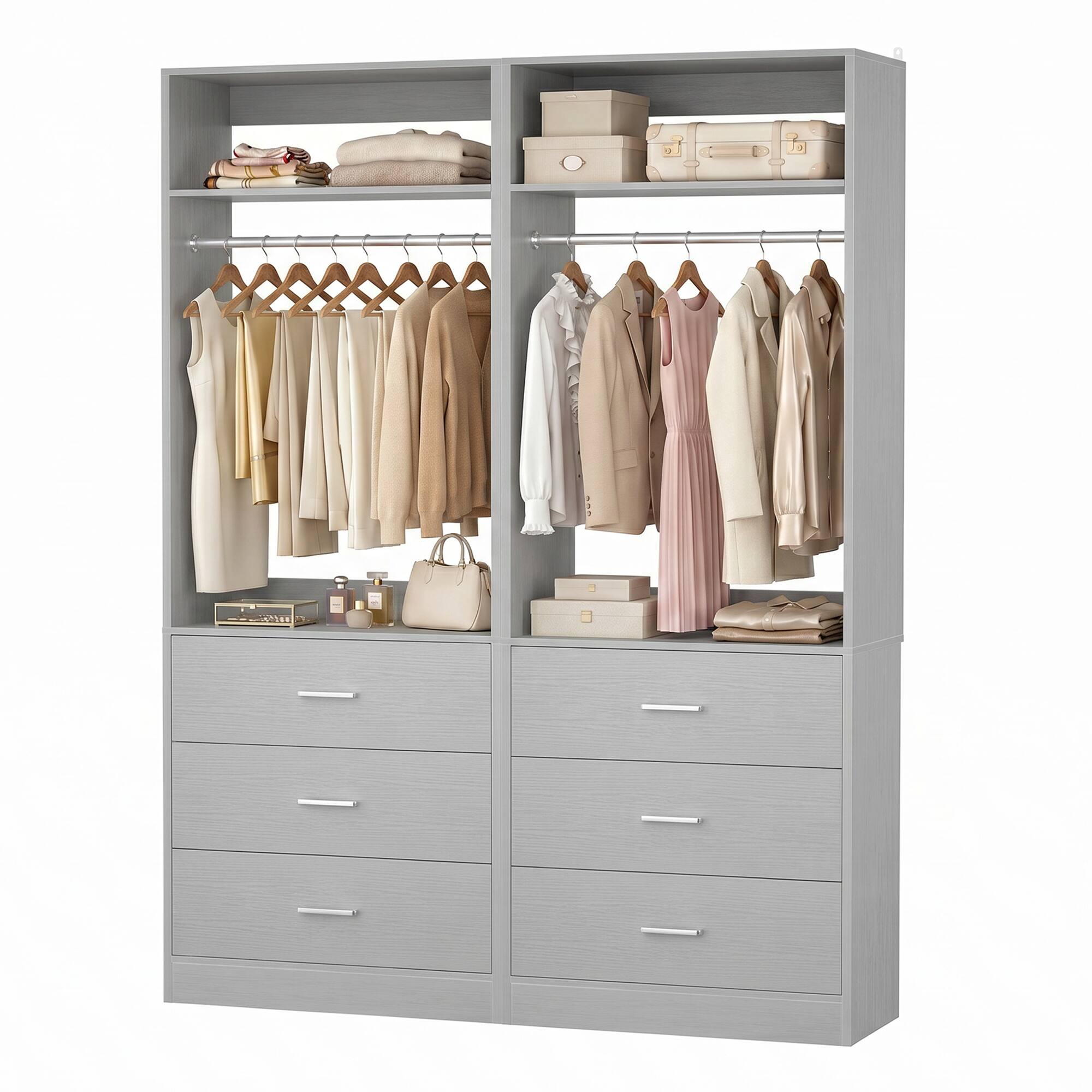 Angle. Aheaplus - 48" Set of 2 Closet Systems with 6 Drawers, 2 Hanging Rods & 2 Shelves - Heavy Duty Walk-in Organizer,Ships 2 packages - Gray.