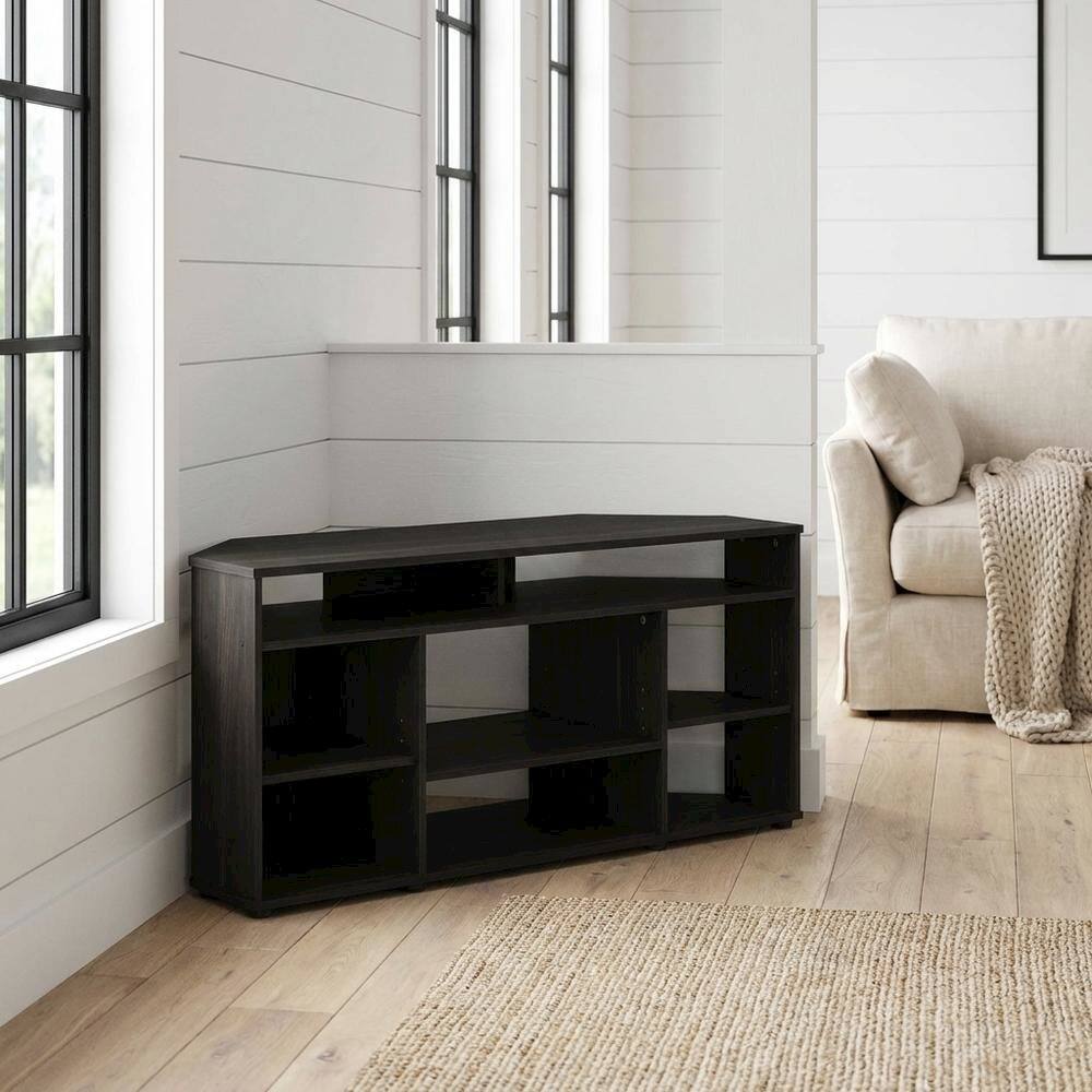 Alt View 1. FurniFact - Brown corner TV stand, up to 55 inches, solid wood, walnut veneer finish - Brown.