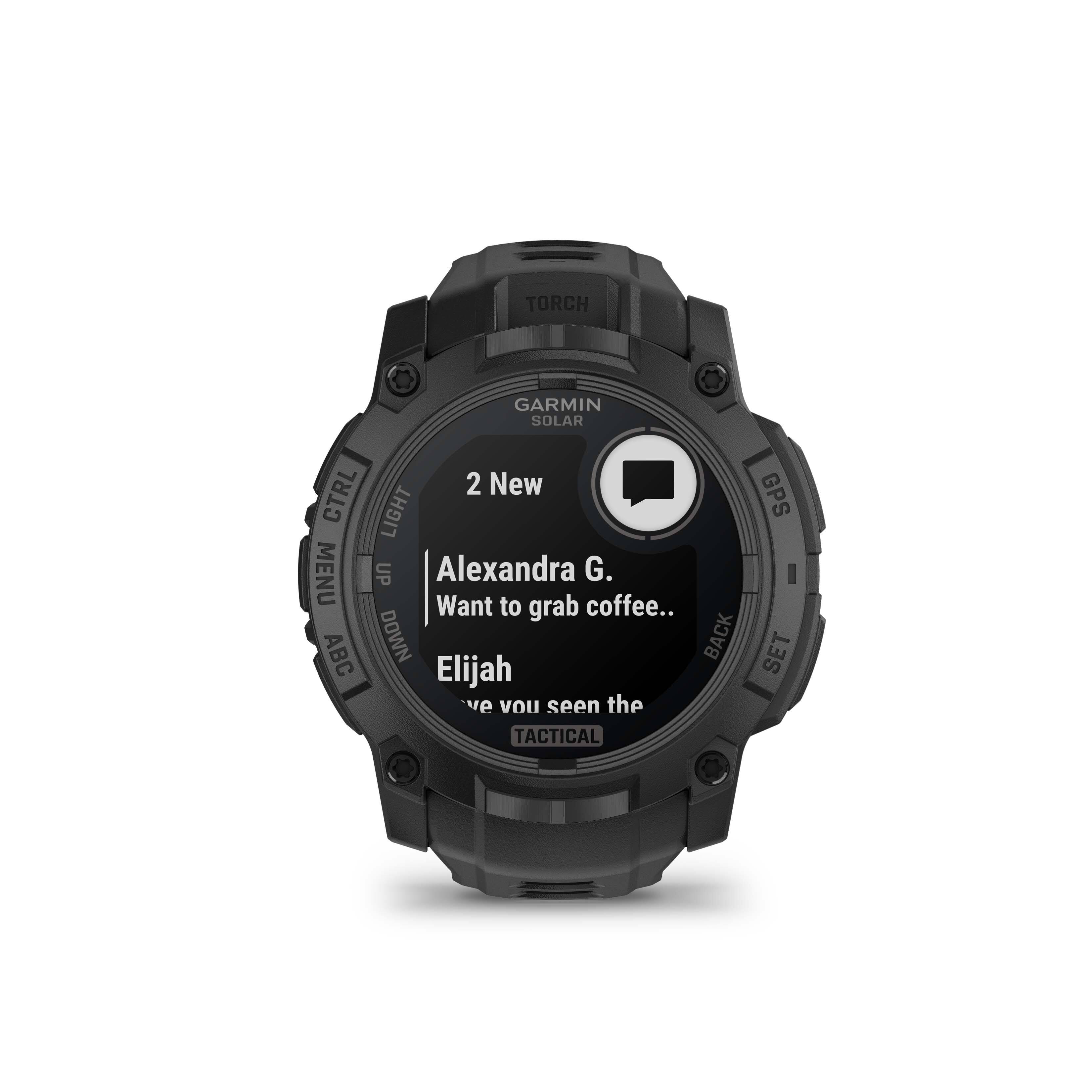 The text on the image reads: "TORCH GARMIN SOLAR CTRL 2 New LIGHT MENU UP Alexandra G. Want to grab coffee.. ABC DOWN BACK Elijah ve VOU seen the TACTICAL GPS SET."