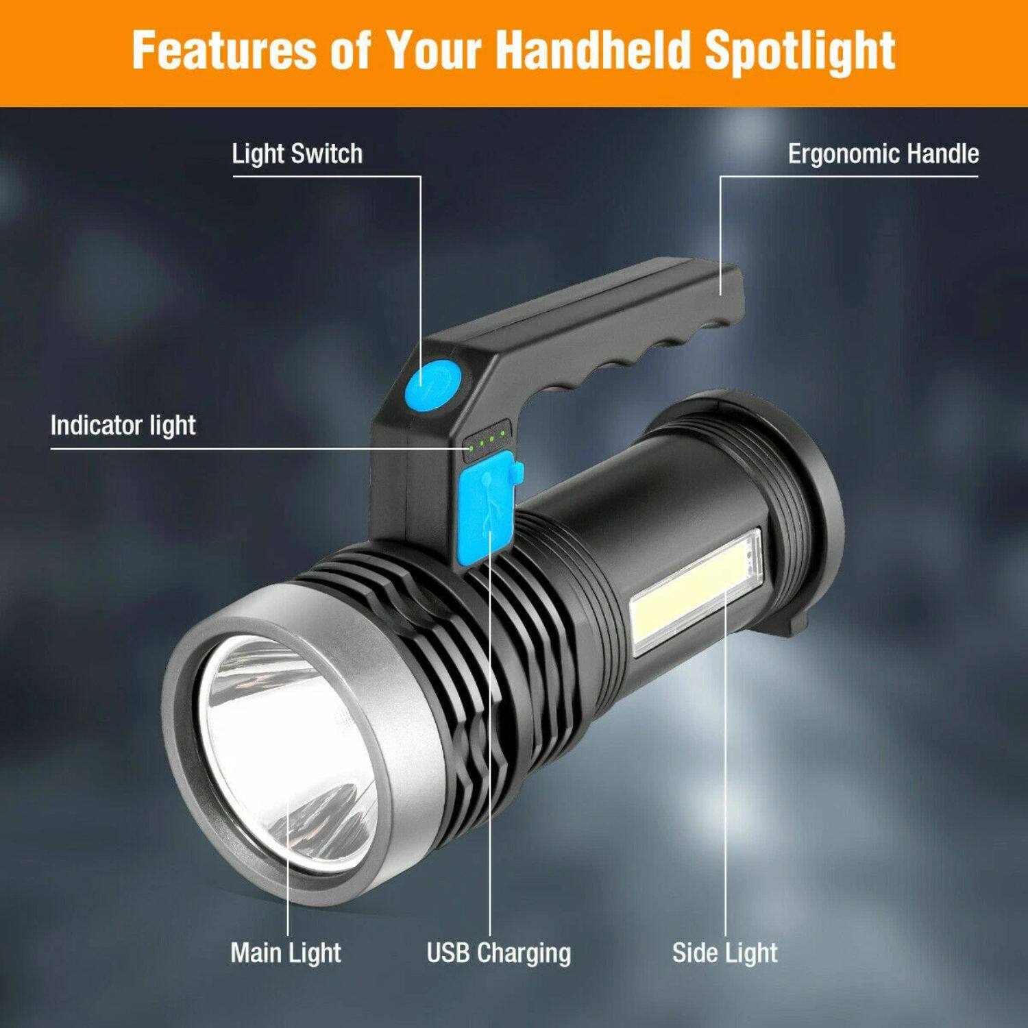 Features of Your Handheld Spotlight

- Light Switch
- Indicator Light
- Main Light
- USB Charging
- Side Light
- Ergonomic Handle