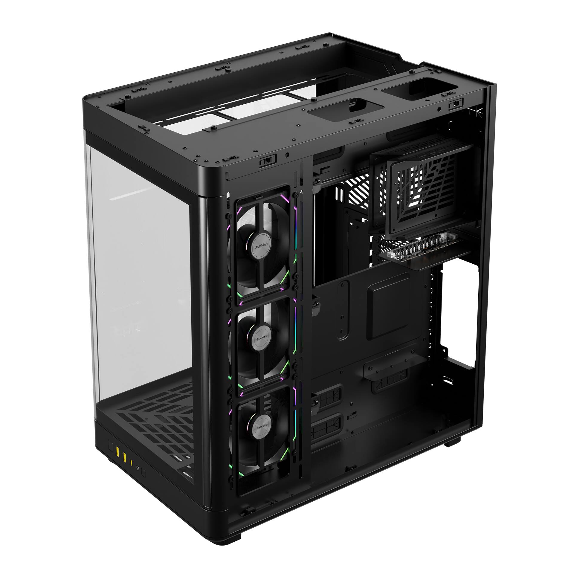 Alt View 5. GAMDIAS - NESO P1 PRO black ATX pc case a high-end full-tower with a unique trapezoidal design, fits GPU 426mm - Black.