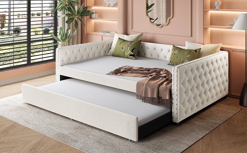 Alt View 8. Tiramisubest - Full Size Daybed, Upholstered Tufted Sofa Bed with Trundle,  Full Daybed with Twin Trundle - Ivory.