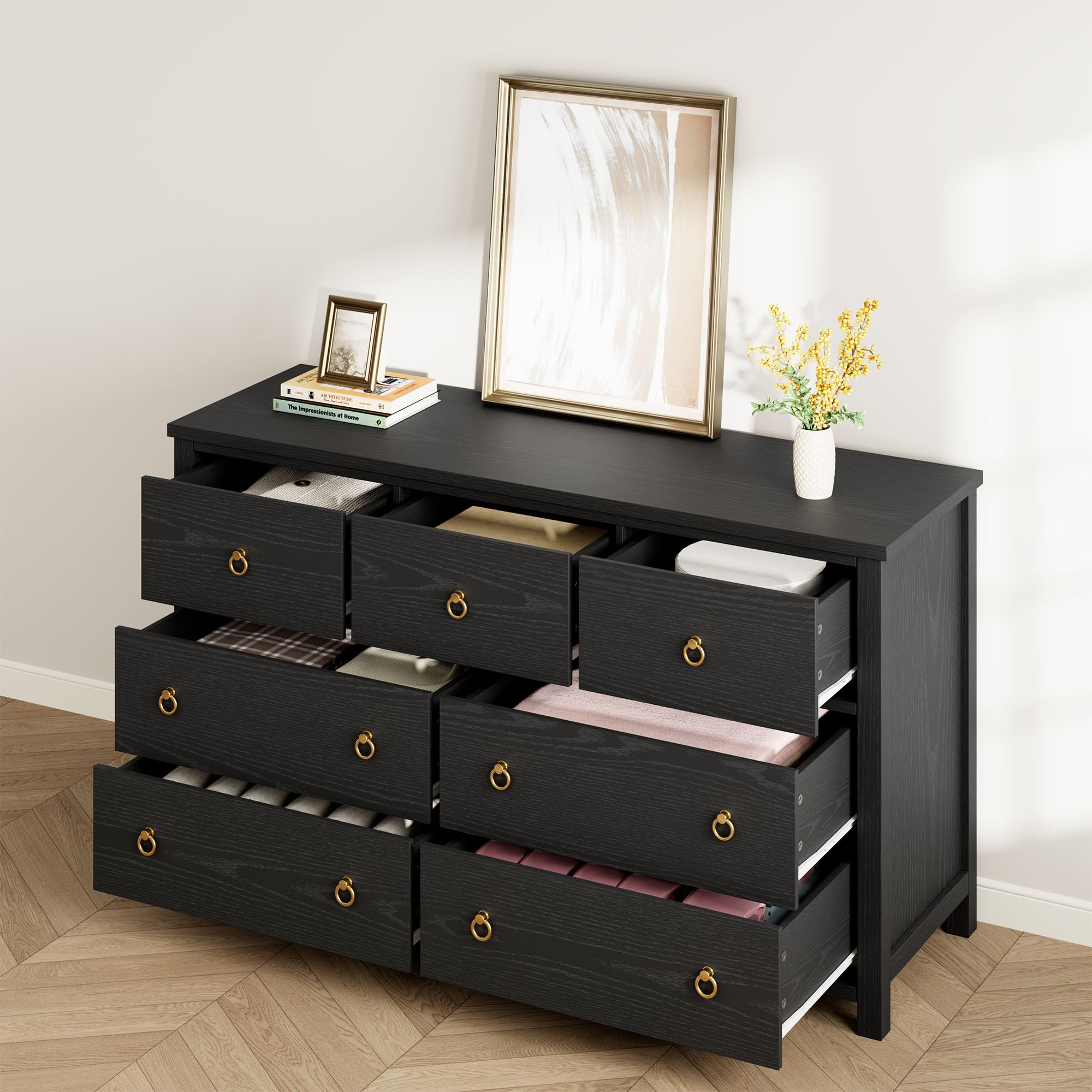 Back. Jojoka - 7 Drawer Dresser for Bedroom, 54 in Wide Dresser, Chest of Drawers, Wooden Dressers Chest with Clothes Storage Cabinet - Black.