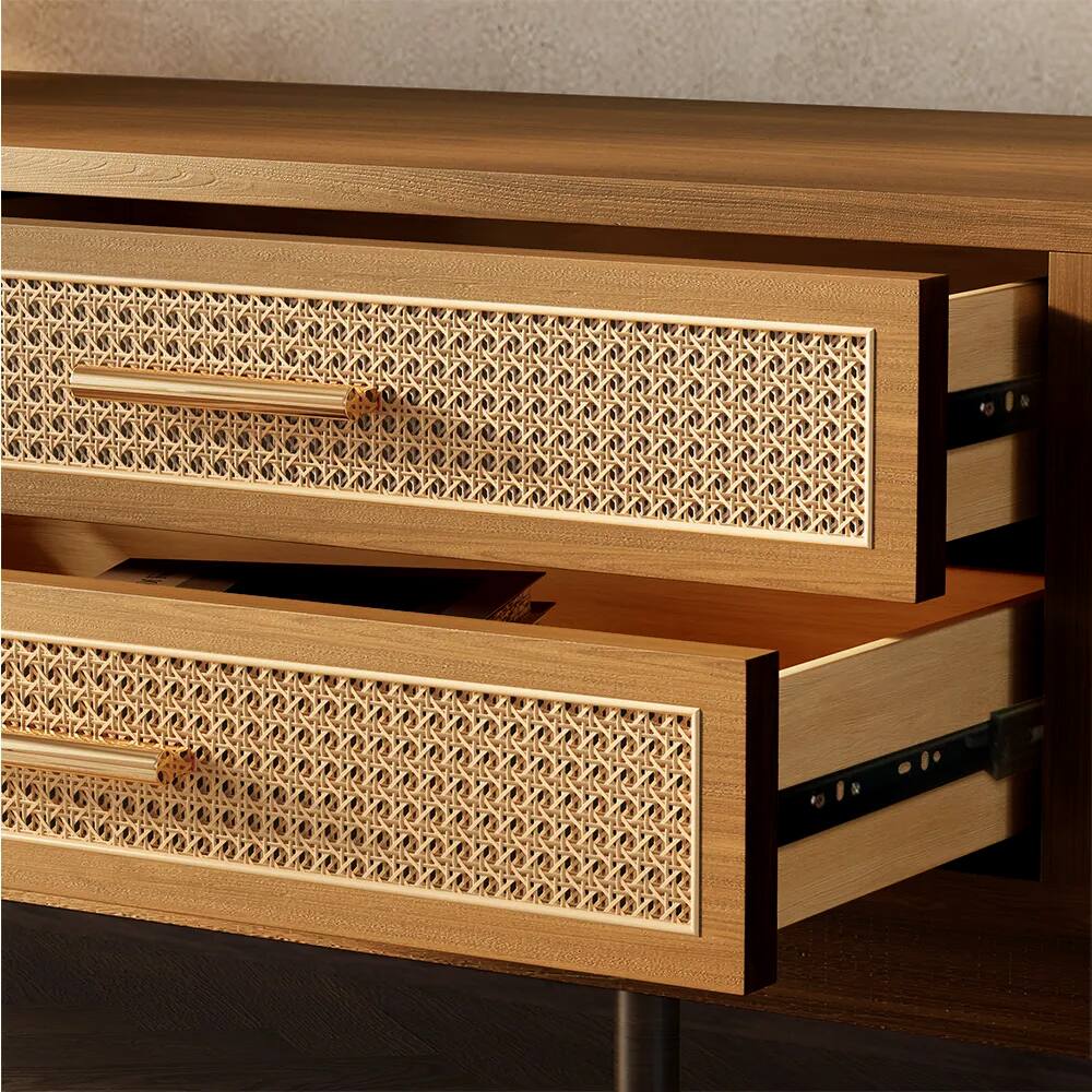 Alt View 7. POVISON - 78.74" Mid-Century Woven Rattan TV Stand, Fluted TV Stand, Walnut Color TV Console with Storage,Perfect for 75-in TVs - Walnut Color.
