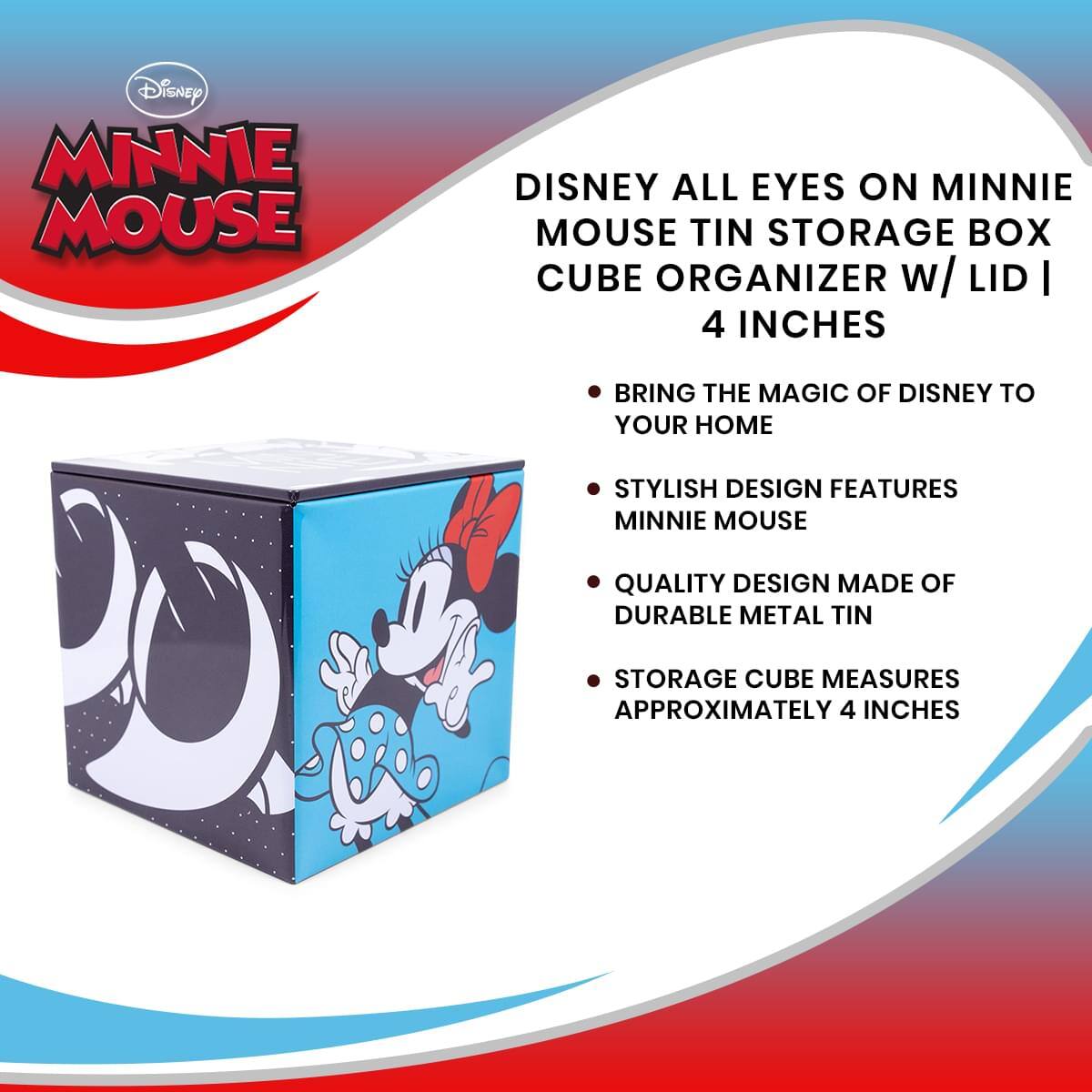 Disney All Eyes on Minnie Mouse Tin Storage Box Cube Organizer w/ Lid | 4 Inches

- Bring the Magic of Disney to Your Home
- Stylish Design Features Minnie Mouse
- Quality Design Made of Durable Metal Tin
- Storage Cube Measures Approximately 4 Inches