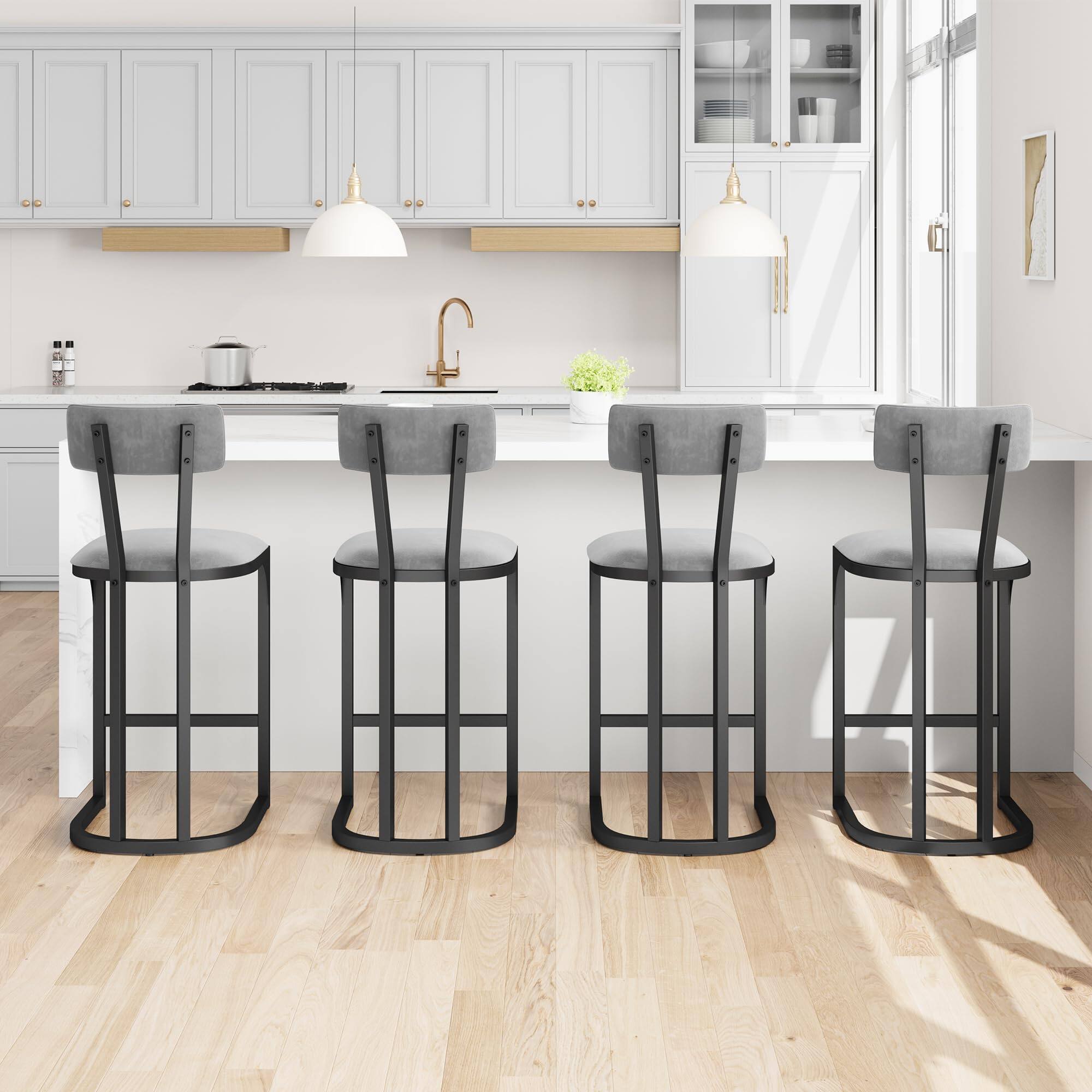 Front. Jojoka - Bar Stools Set of 8, Counter Height Bar Stools, Metal Counter Stools with Upholstered and Back - Gray.
